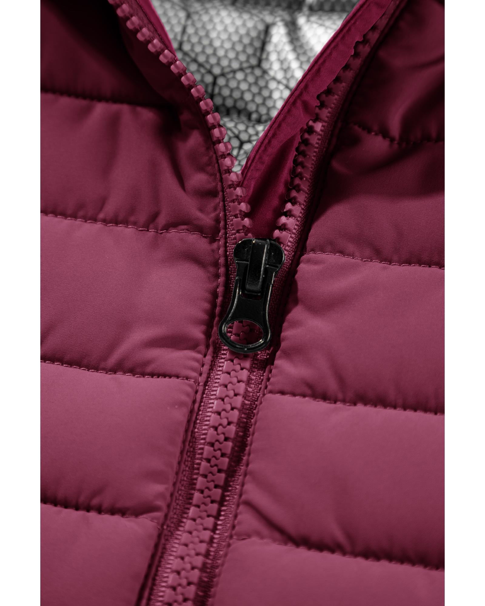 Burgundy Plush Collared Quilted Zipped Puffer Vest - M