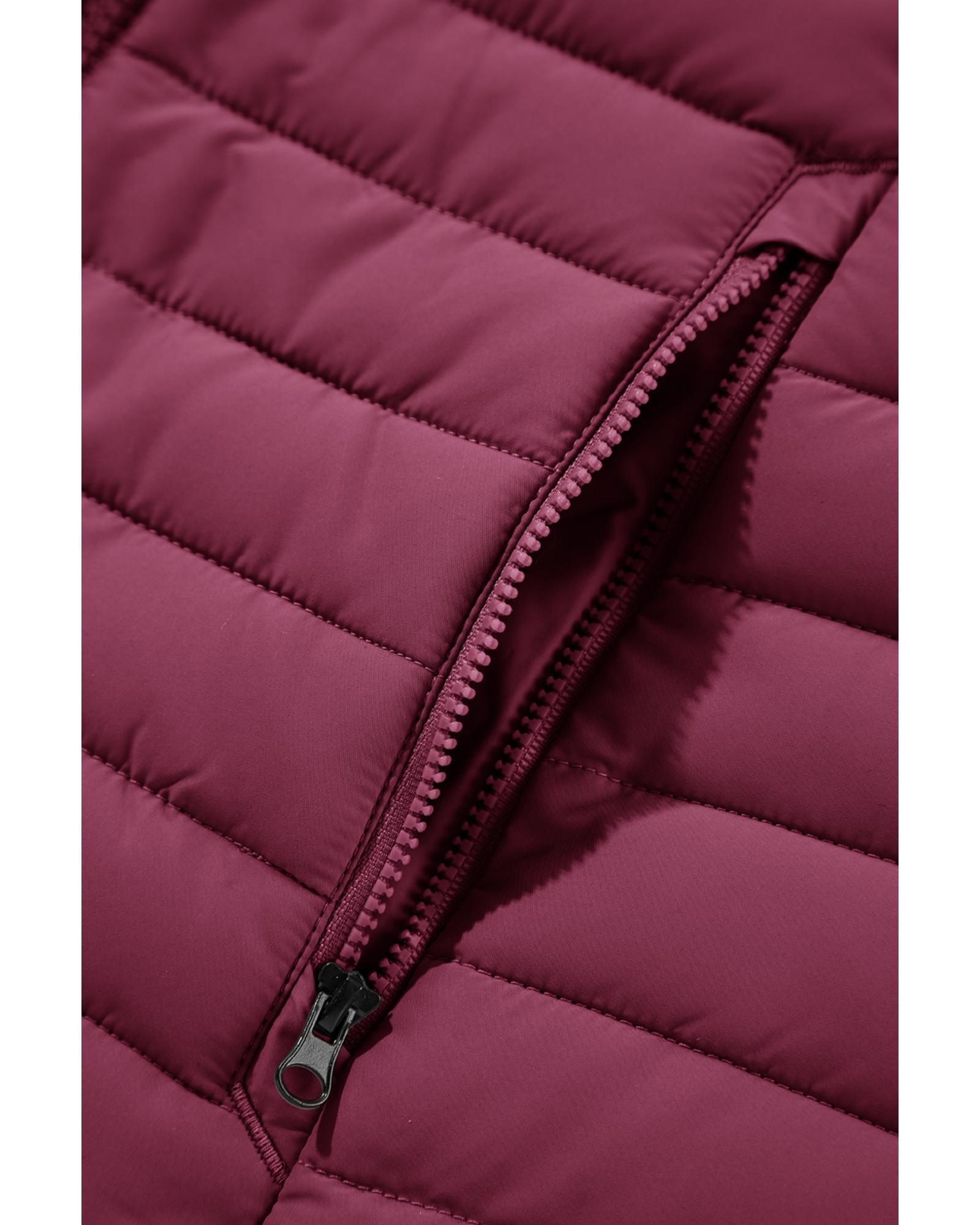 Burgundy Plush Collared Quilted Zipped Puffer Vest - S
