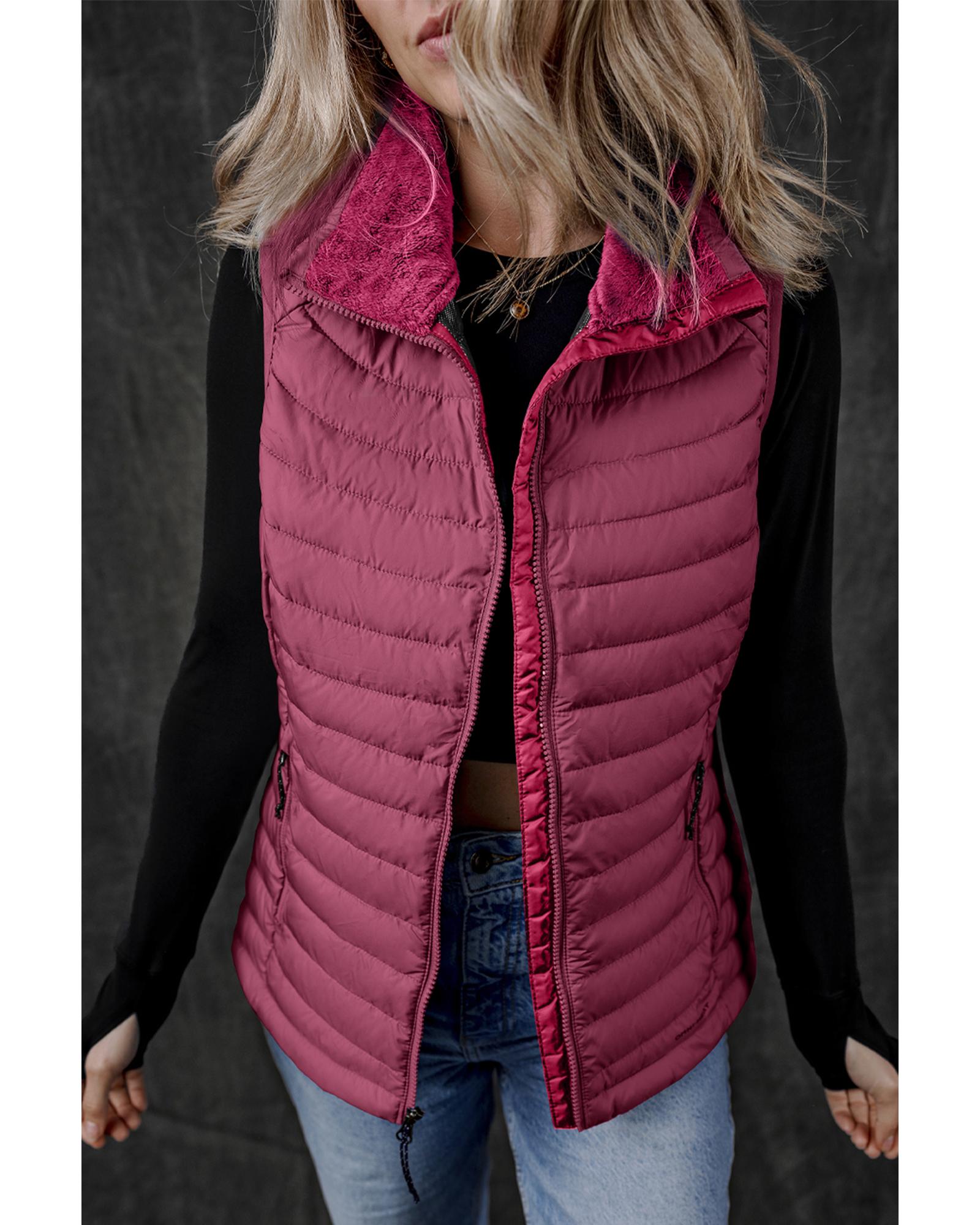 Burgundy Plush Collared Quilted Zipped Puffer Vest - XL