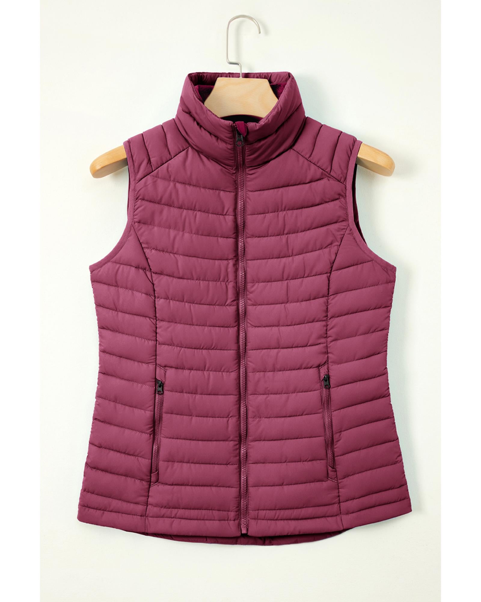 Burgundy Plush Collared Quilted Zipped Puffer Vest - XL