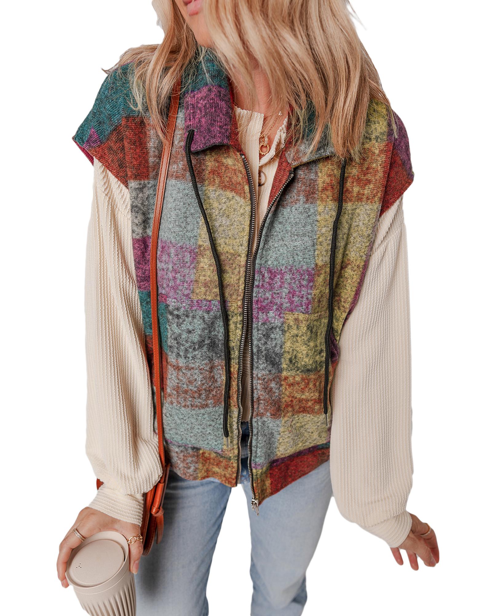 Multicolor Plaid Print Side Pockets Zipped Loose Vest - L