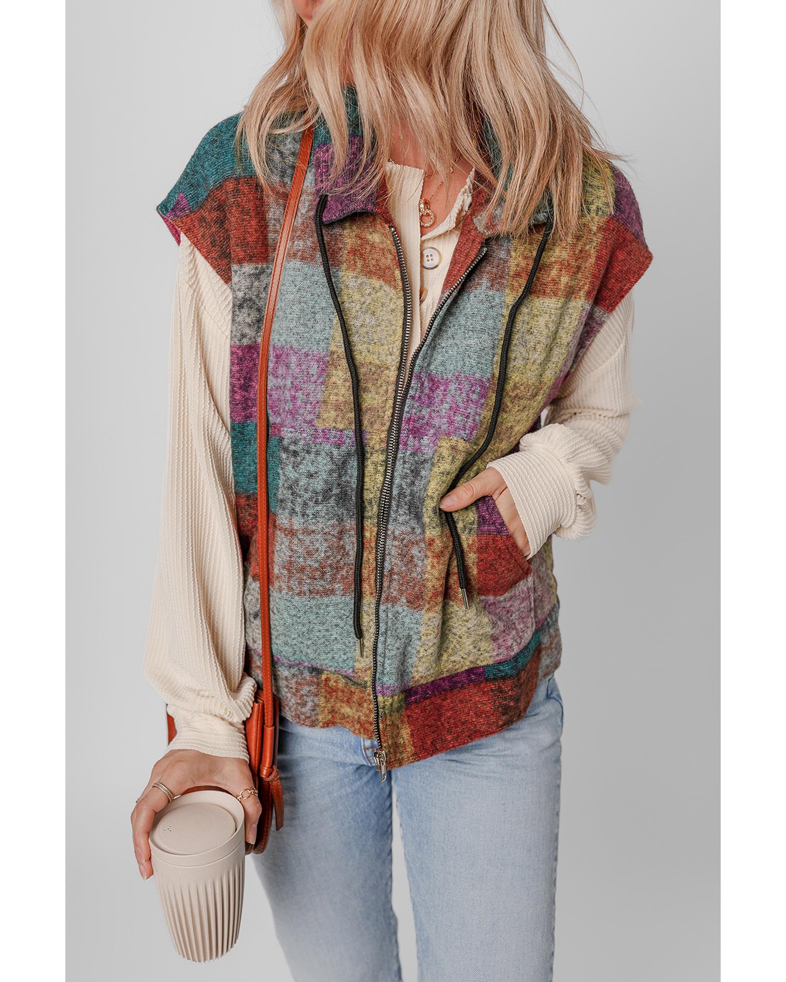Multicolor Plaid Print Side Pockets Zipped Loose Vest - L