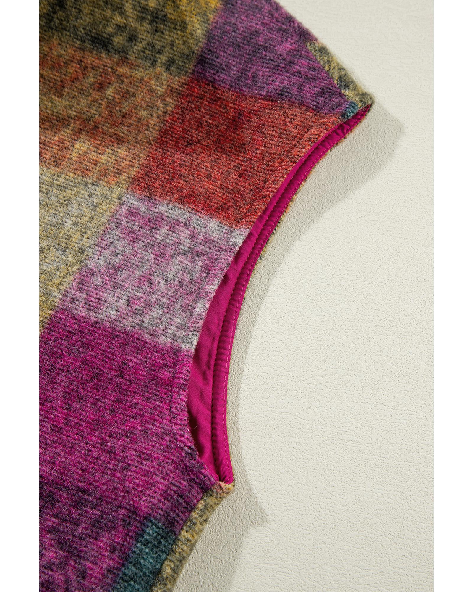 Multicolor Plaid Print Side Pockets Zipped Loose Vest - L