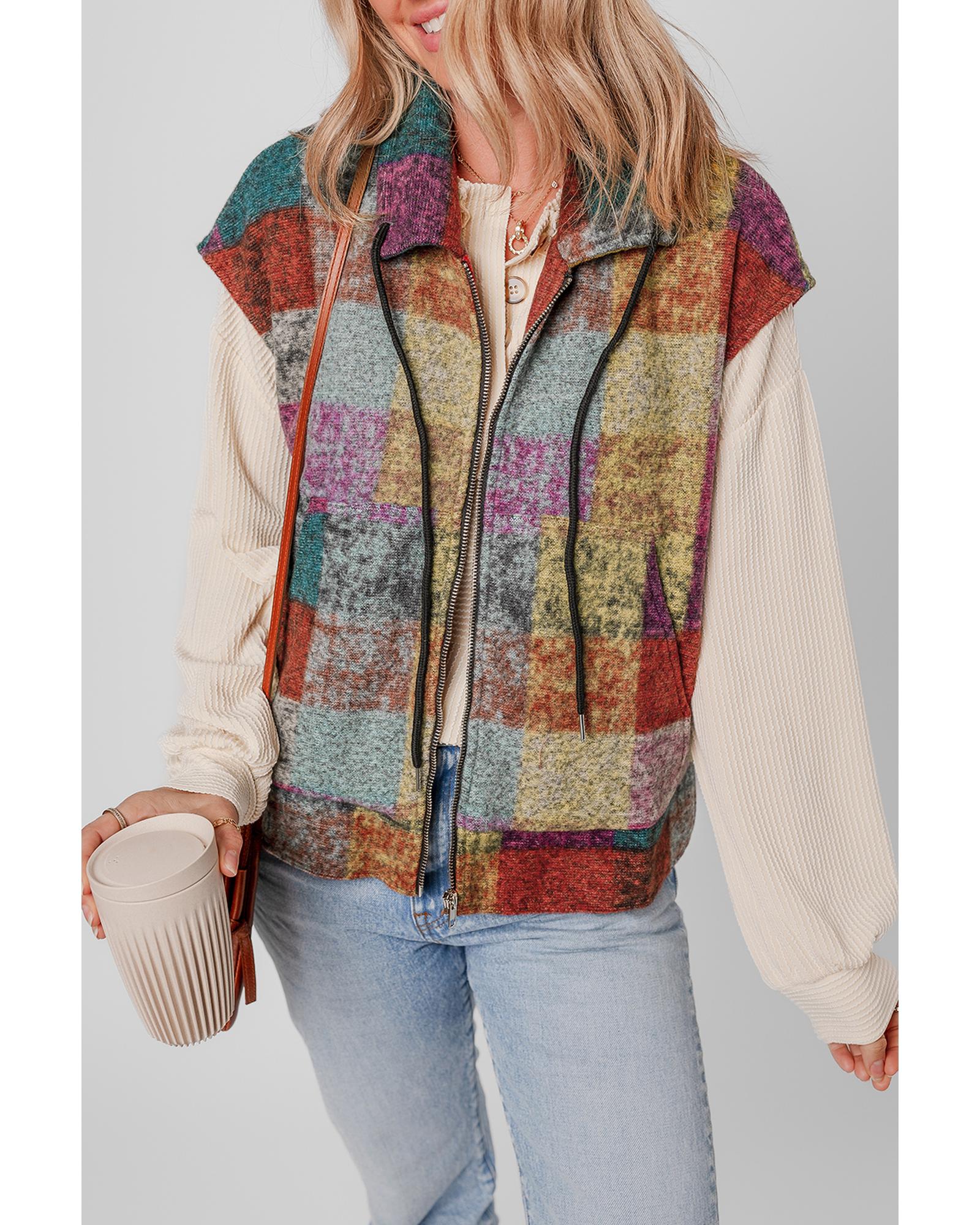 Multicolor Plaid Print Side Pockets Zipped Loose Vest - S