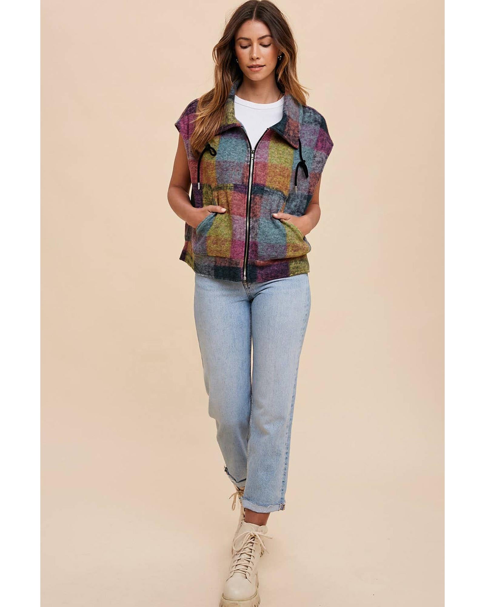 Multicolor Plaid Print Side Pockets Zipped Loose Vest - XL