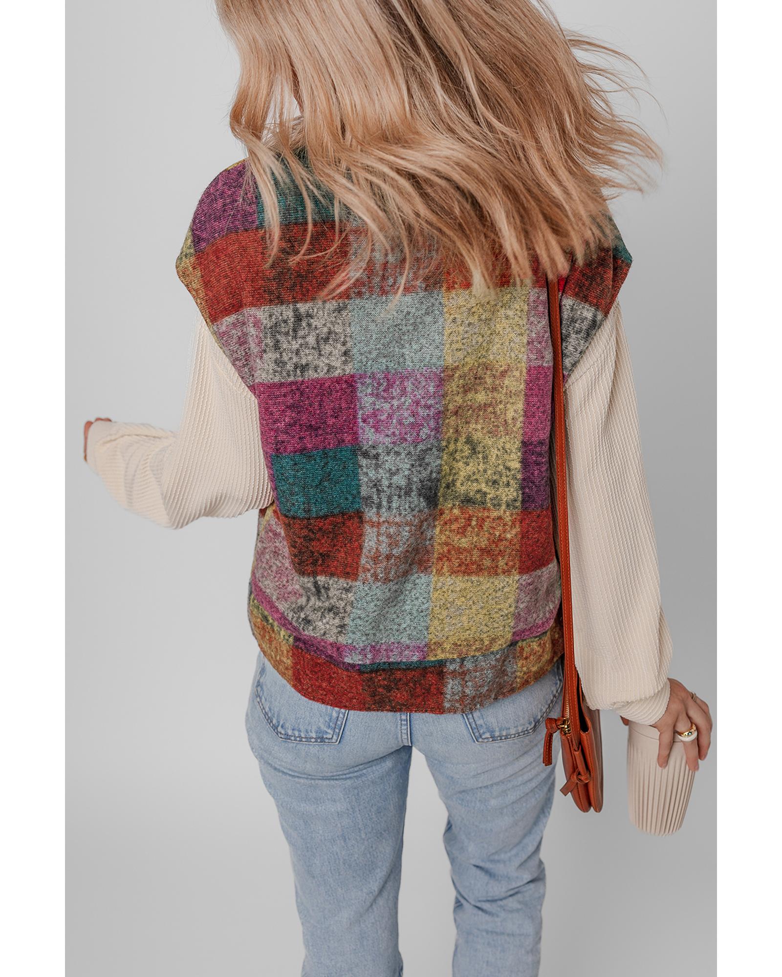 Multicolor Plaid Print Side Pockets Zipped Loose Vest - XL