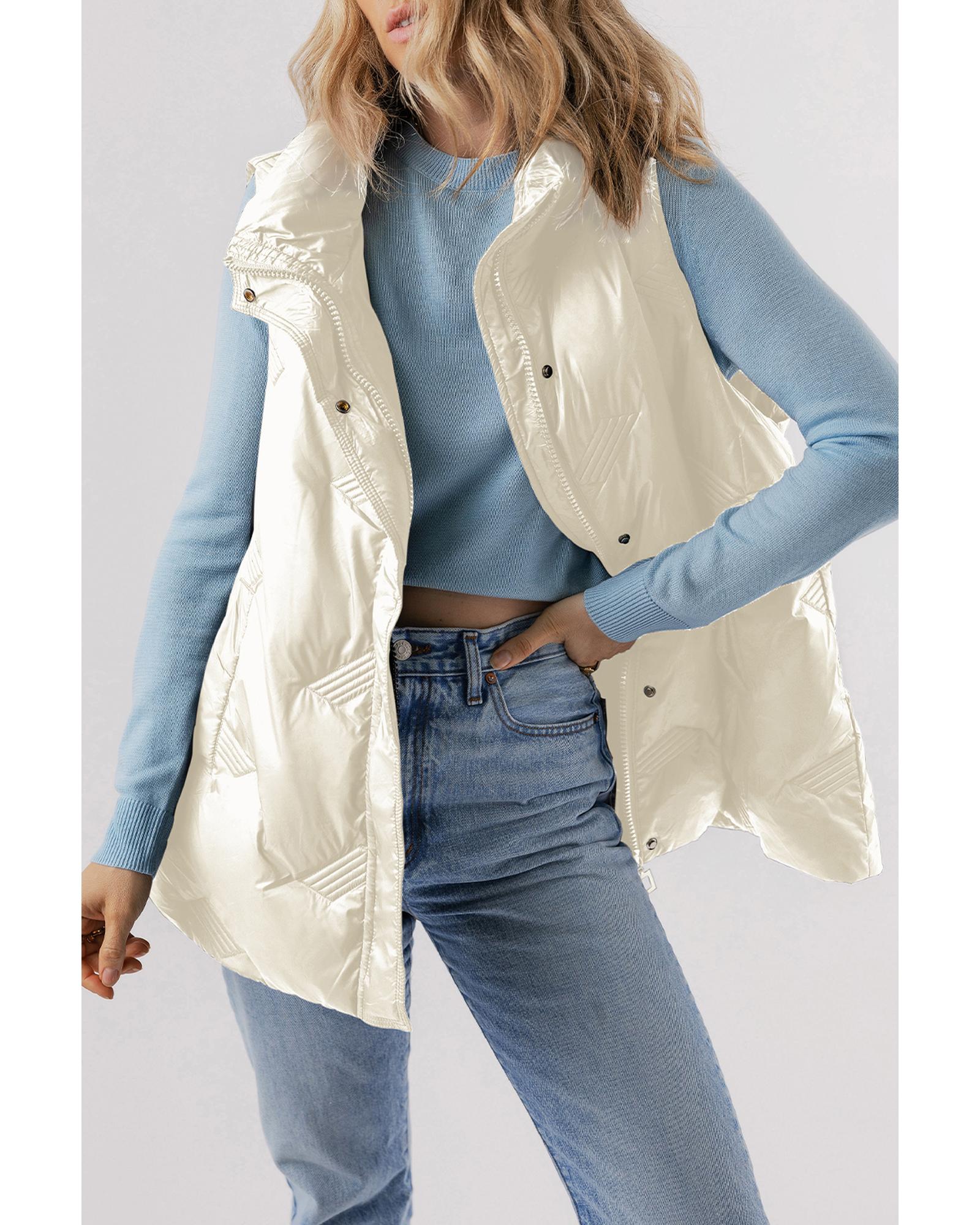 Azura Exchange White Quilted High Neck Zip Up Jacket Vest - XL