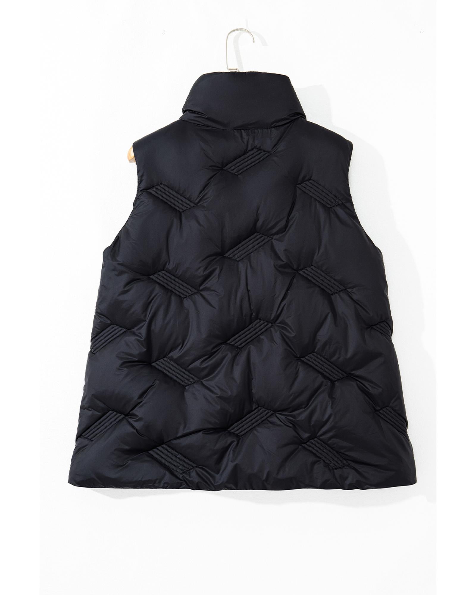Black Quilted High Neck Zip Up Jacket Vest - 2XL