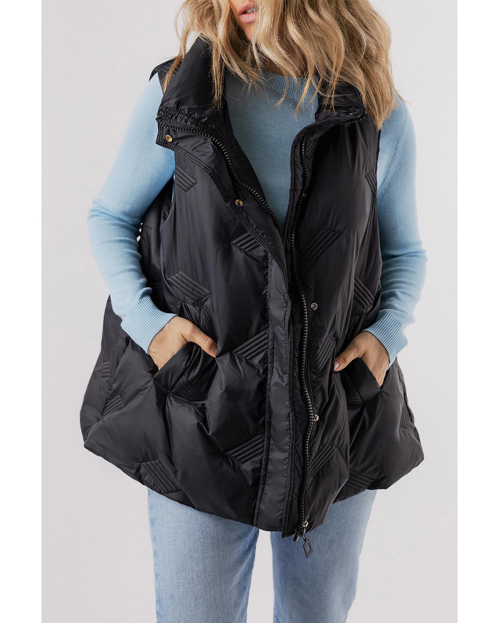 Black Quilted High Neck Zip Up Jacket Vest - 2XL