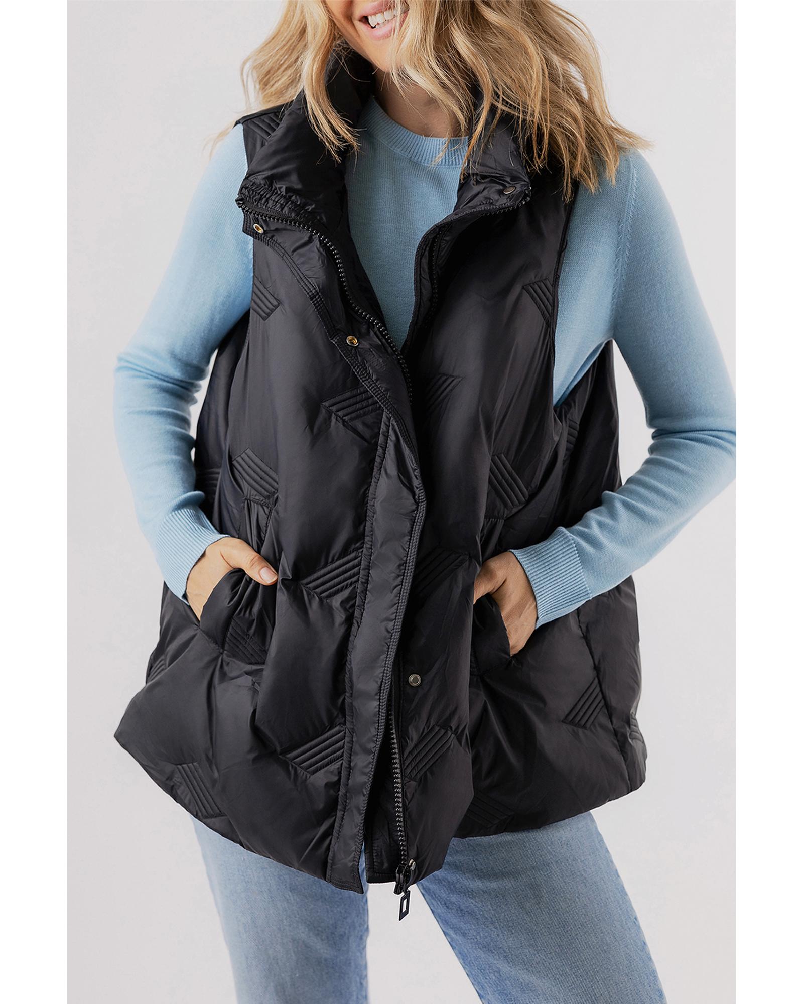 Black Quilted High Neck Zip Up Jacket Vest - 2XL