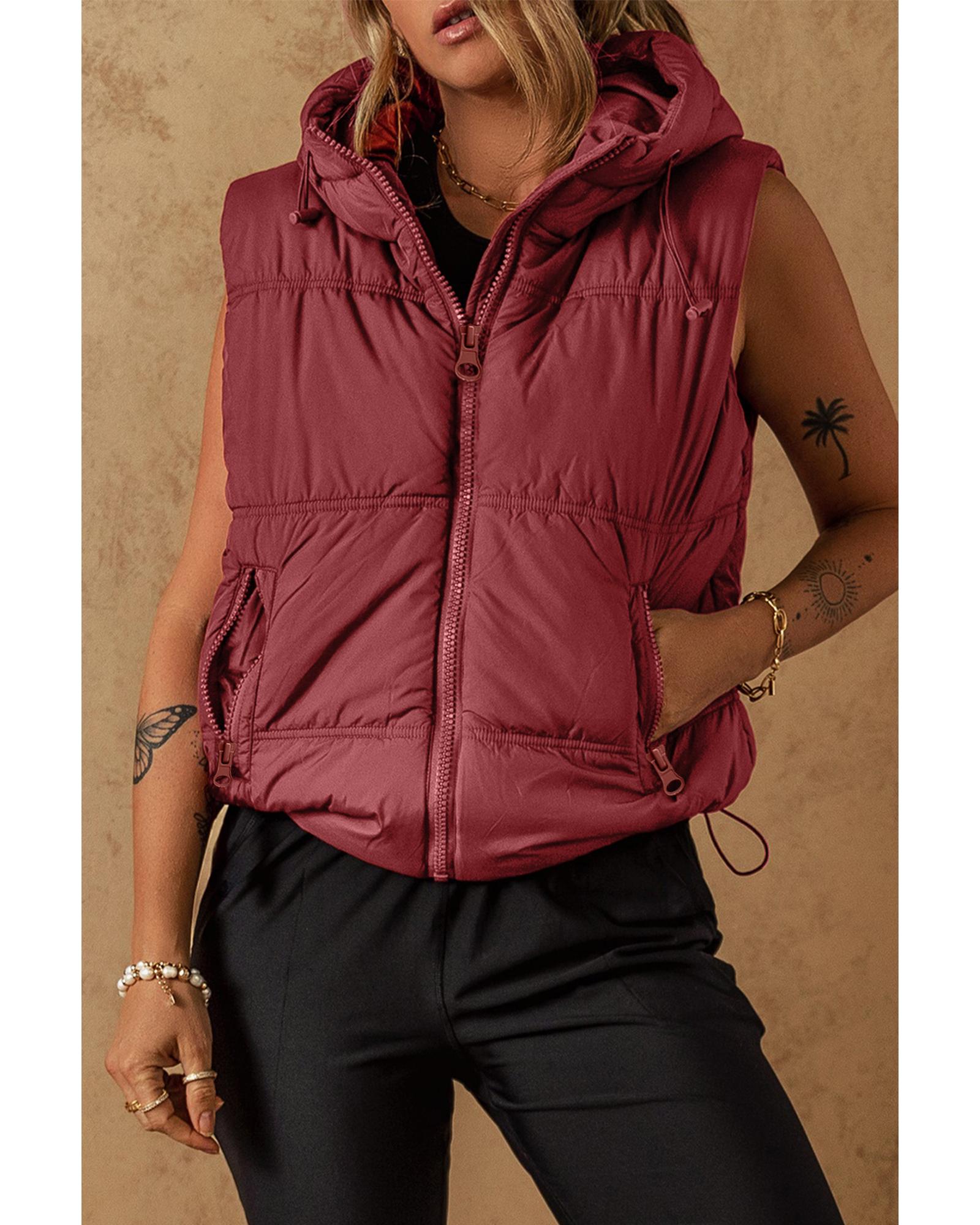 Clay Zip-up Side Pockets Hooded Puffer Vest - L