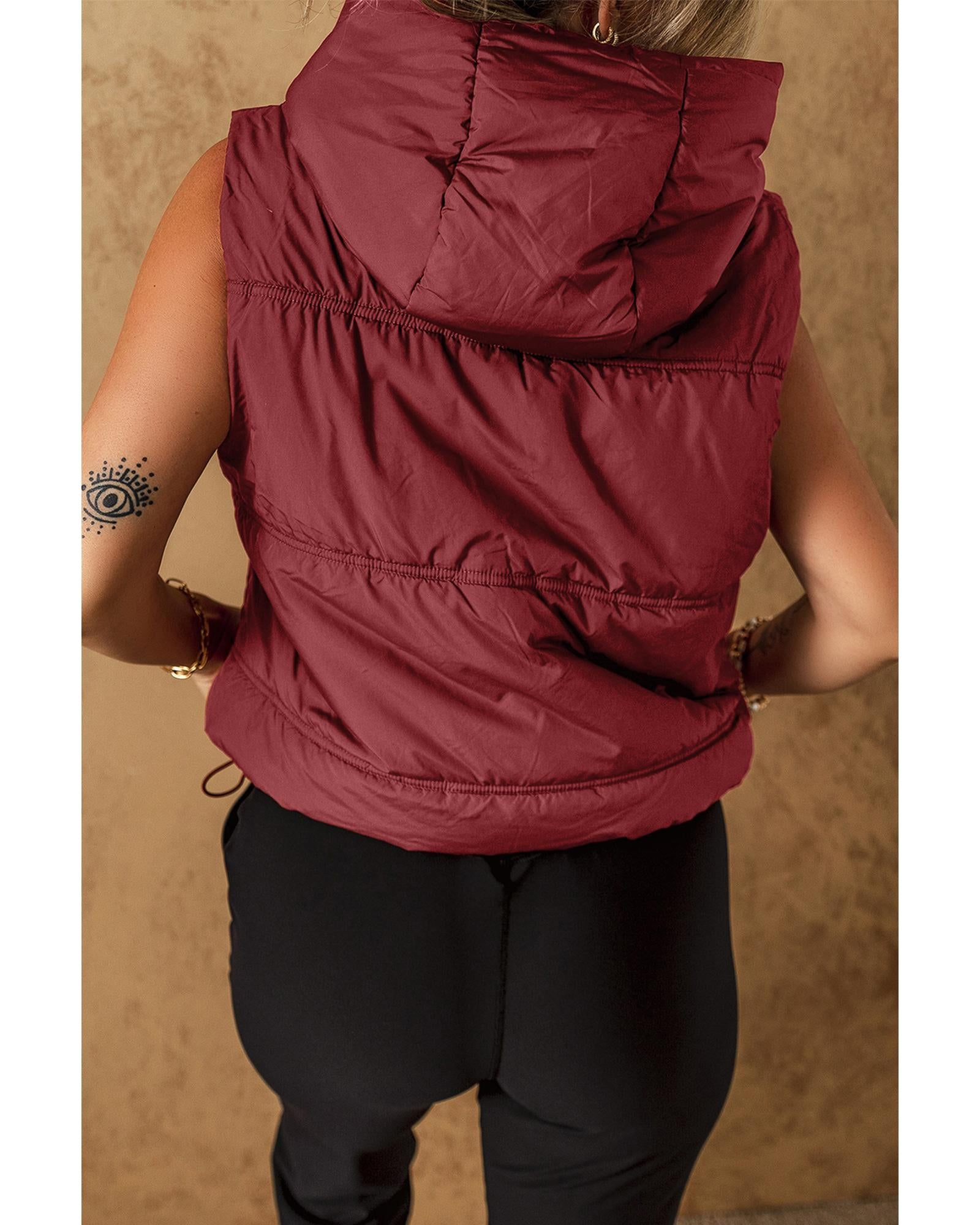 Clay Zip-up Side Pockets Hooded Puffer Vest - S