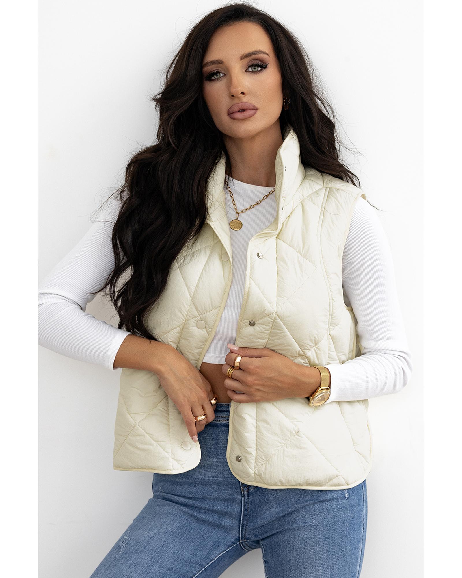 Beige Quilted High Neck Button Up Pocket Vest Coat - 2XL