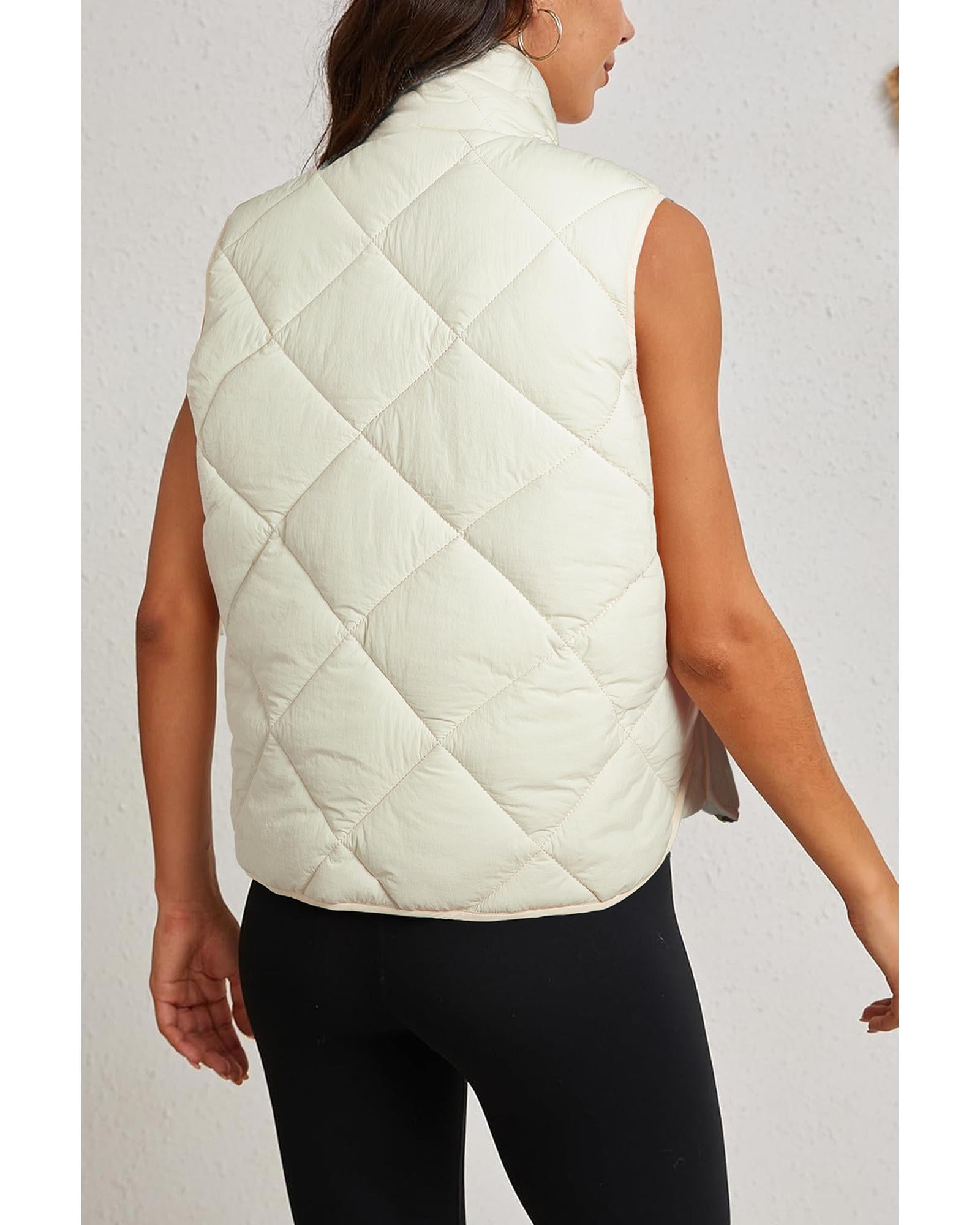 Beige Quilted High Neck Button Up Pocket Vest Coat - L