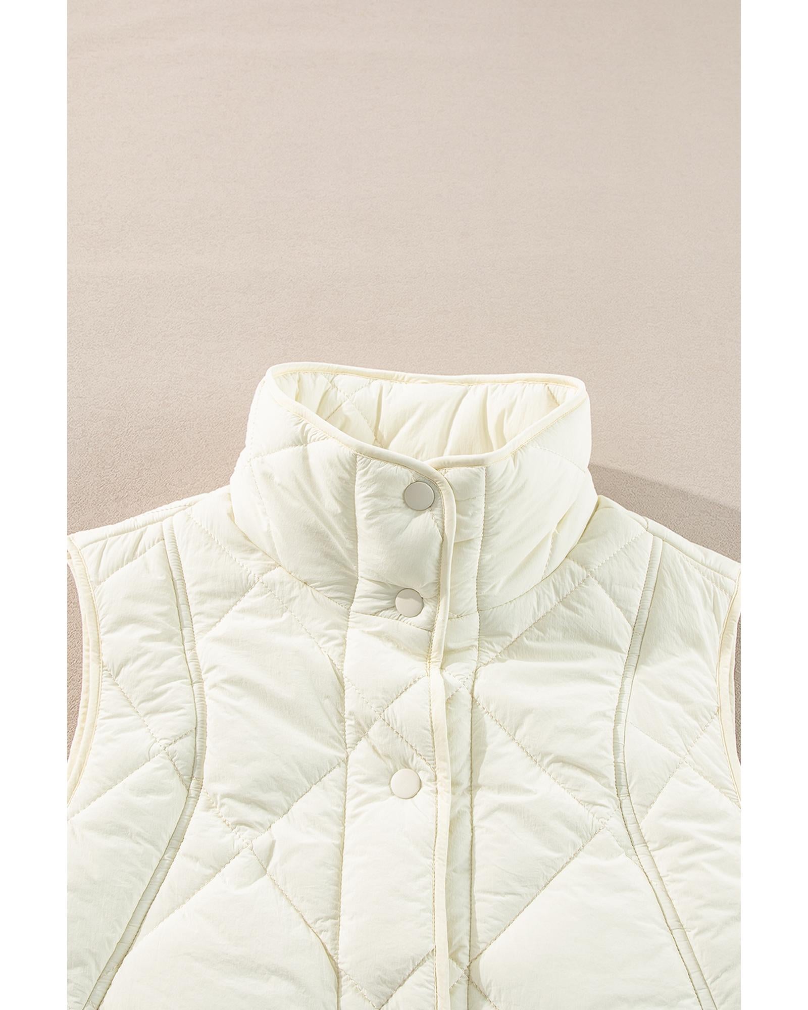 Beige Quilted High Neck Button Up Pocket Vest Coat - L