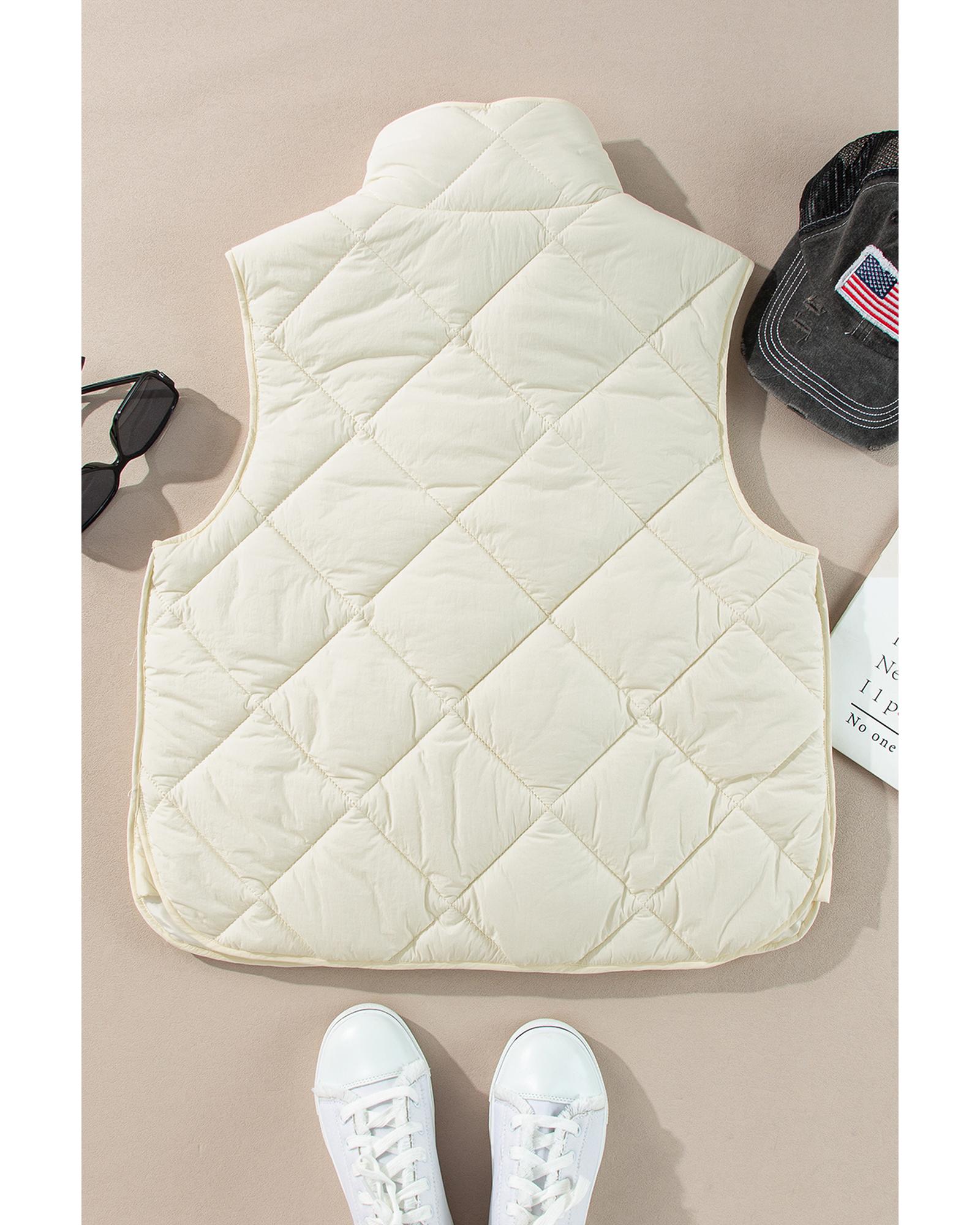 Beige Quilted High Neck Button Up Pocket Vest Coat - M