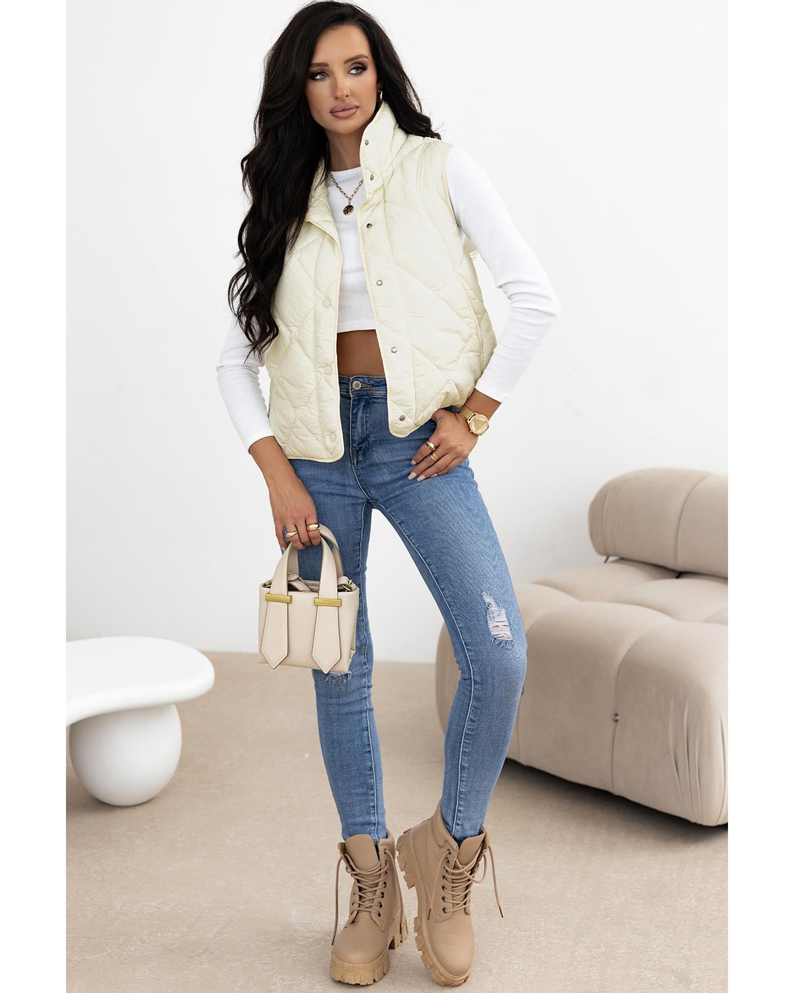 Beige Quilted High Neck Button Up Pocket Vest Coat - S