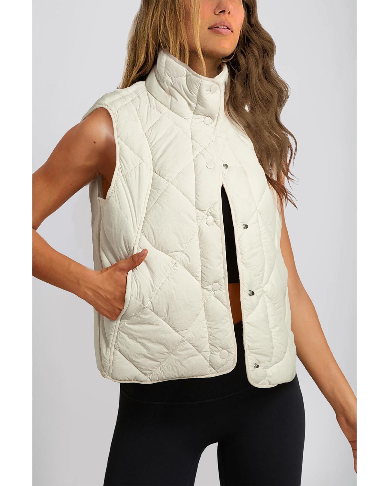 Beige Quilted High Neck Button Up Pocket Vest Coat - XL