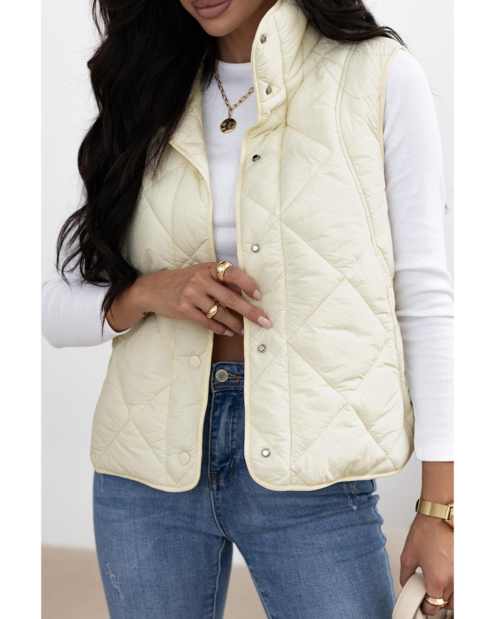 Beige Quilted High Neck Button Up Pocket Vest Coat - XL