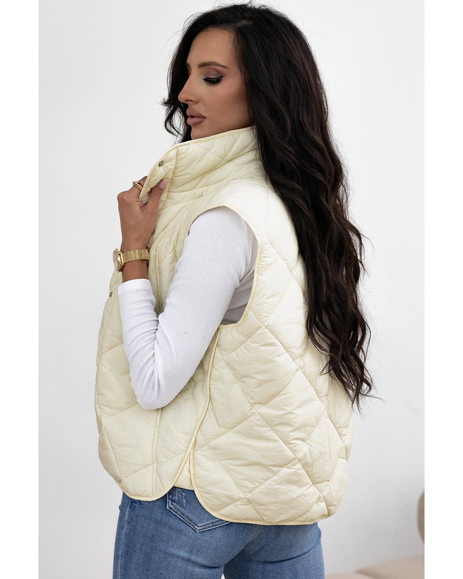 Beige Quilted High Neck Button Up Pocket Vest Coat - XL