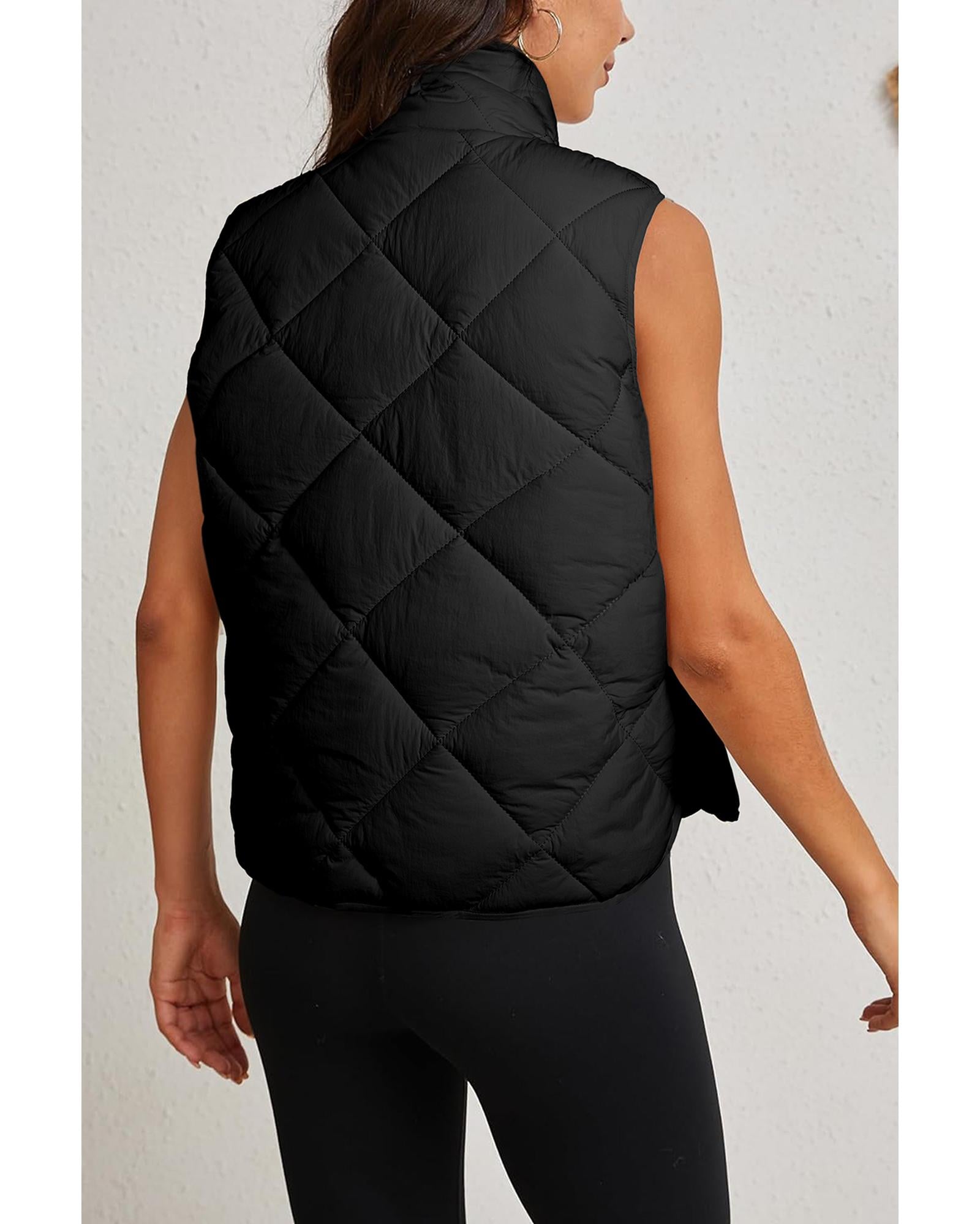 Black Quilted High Neck Button Up Pocket Vest Coat - L