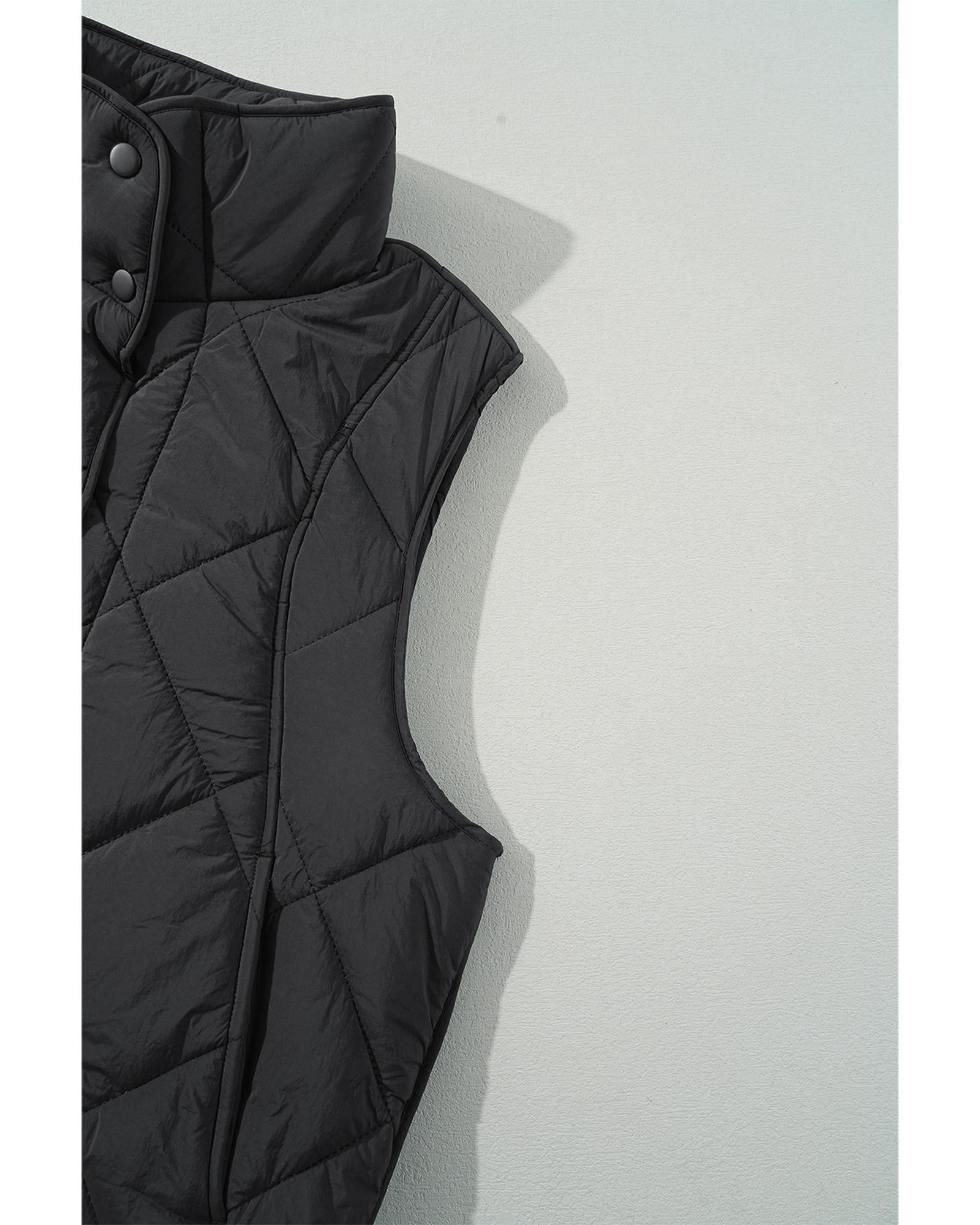 Black Quilted High Neck Button Up Pocket Vest Coat - L