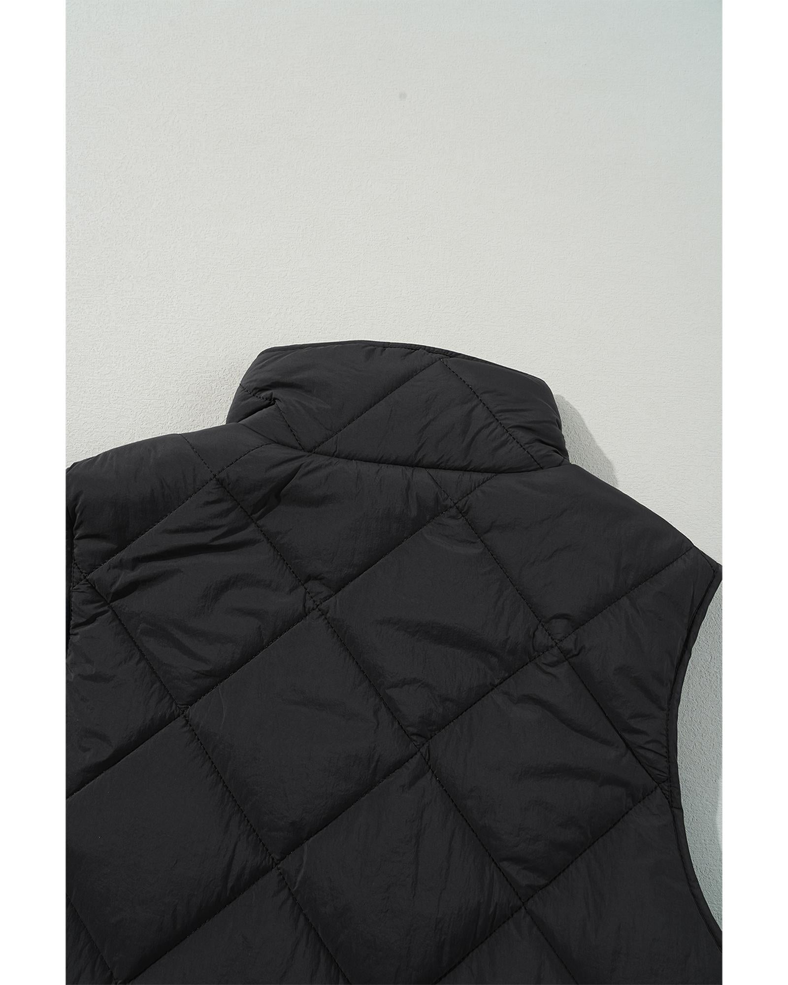 Black Quilted High Neck Button Up Pocket Vest Coat - L
