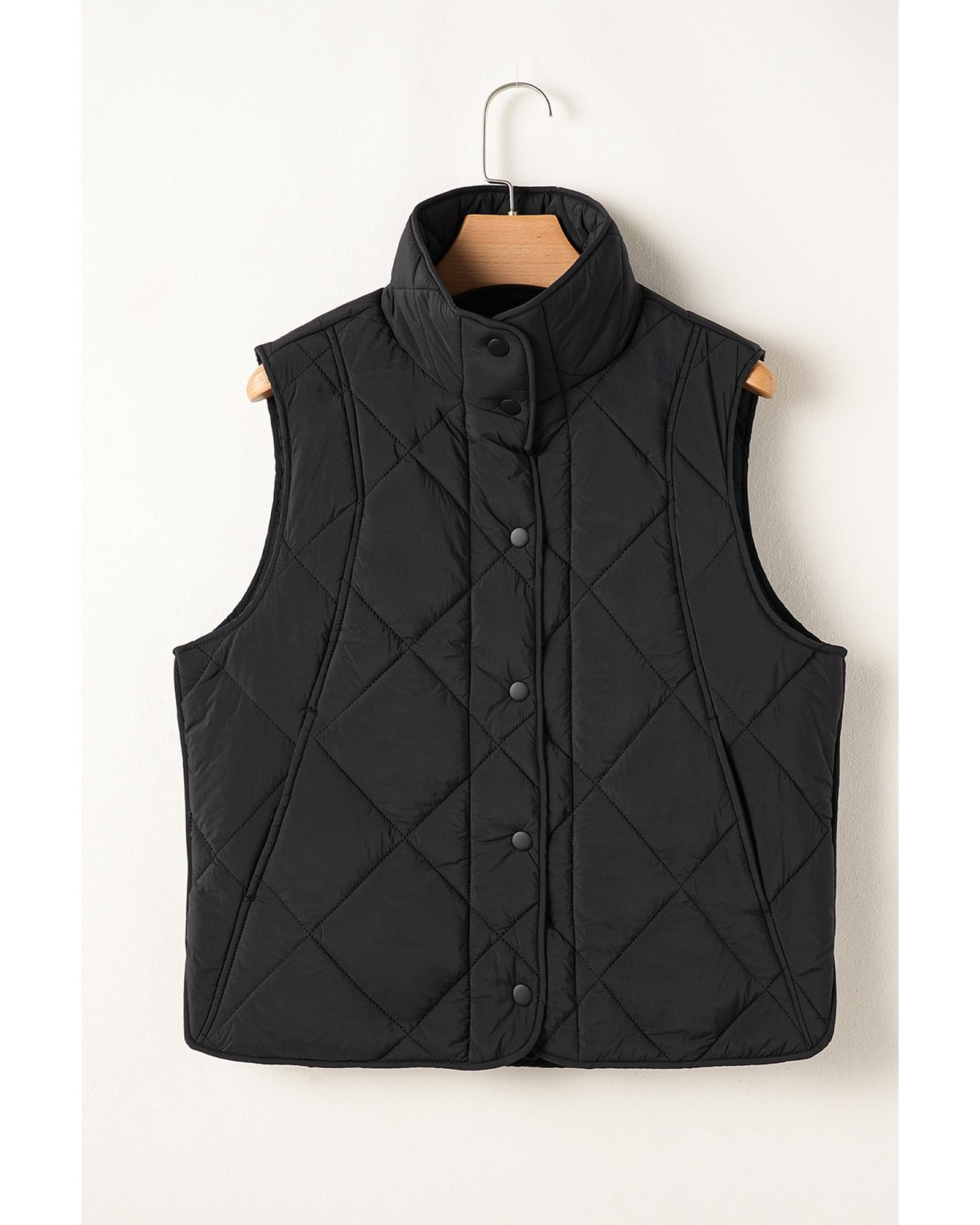 Black Quilted High Neck Button Up Pocket Vest Coat - M