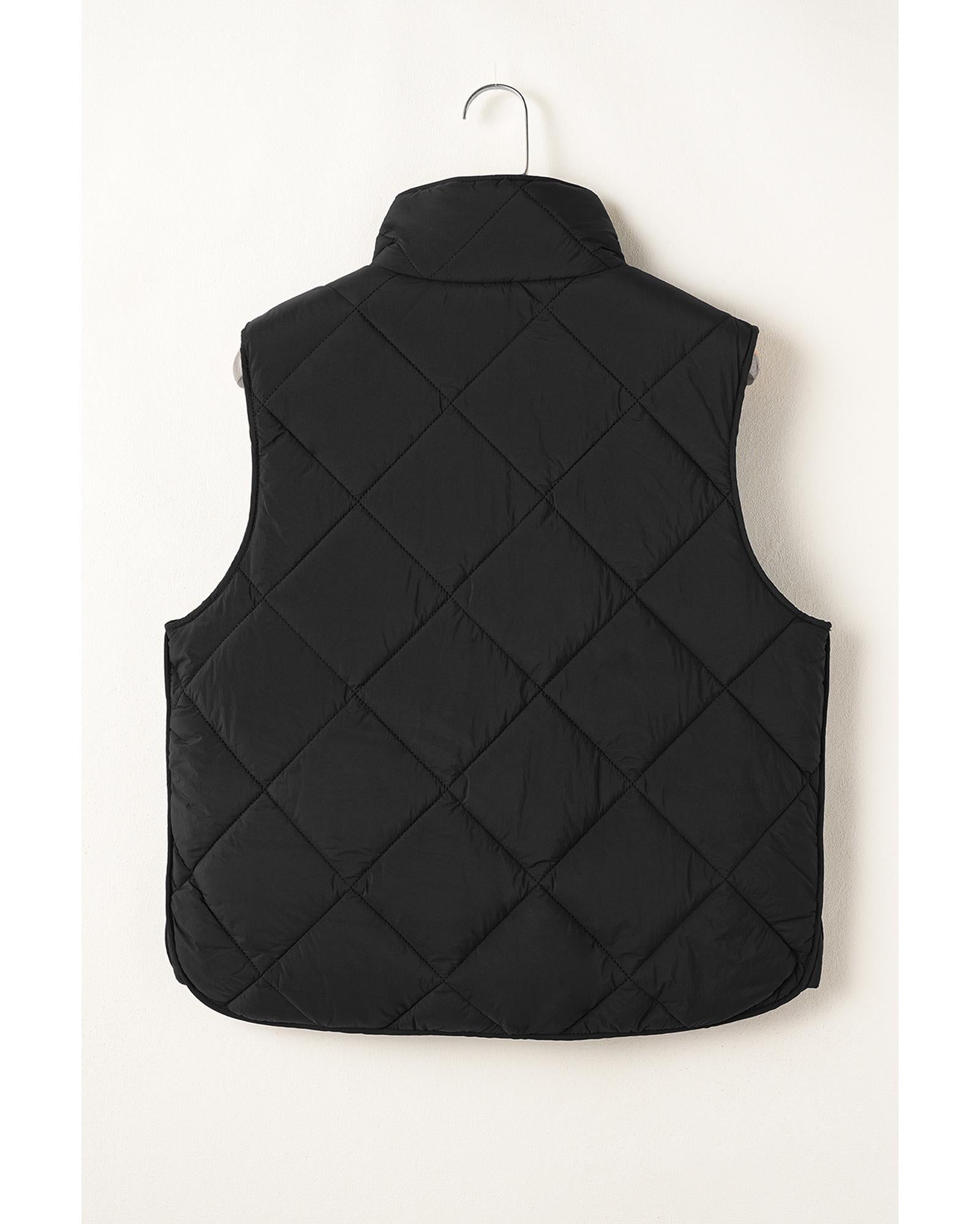 Black Quilted High Neck Button Up Pocket Vest Coat - M