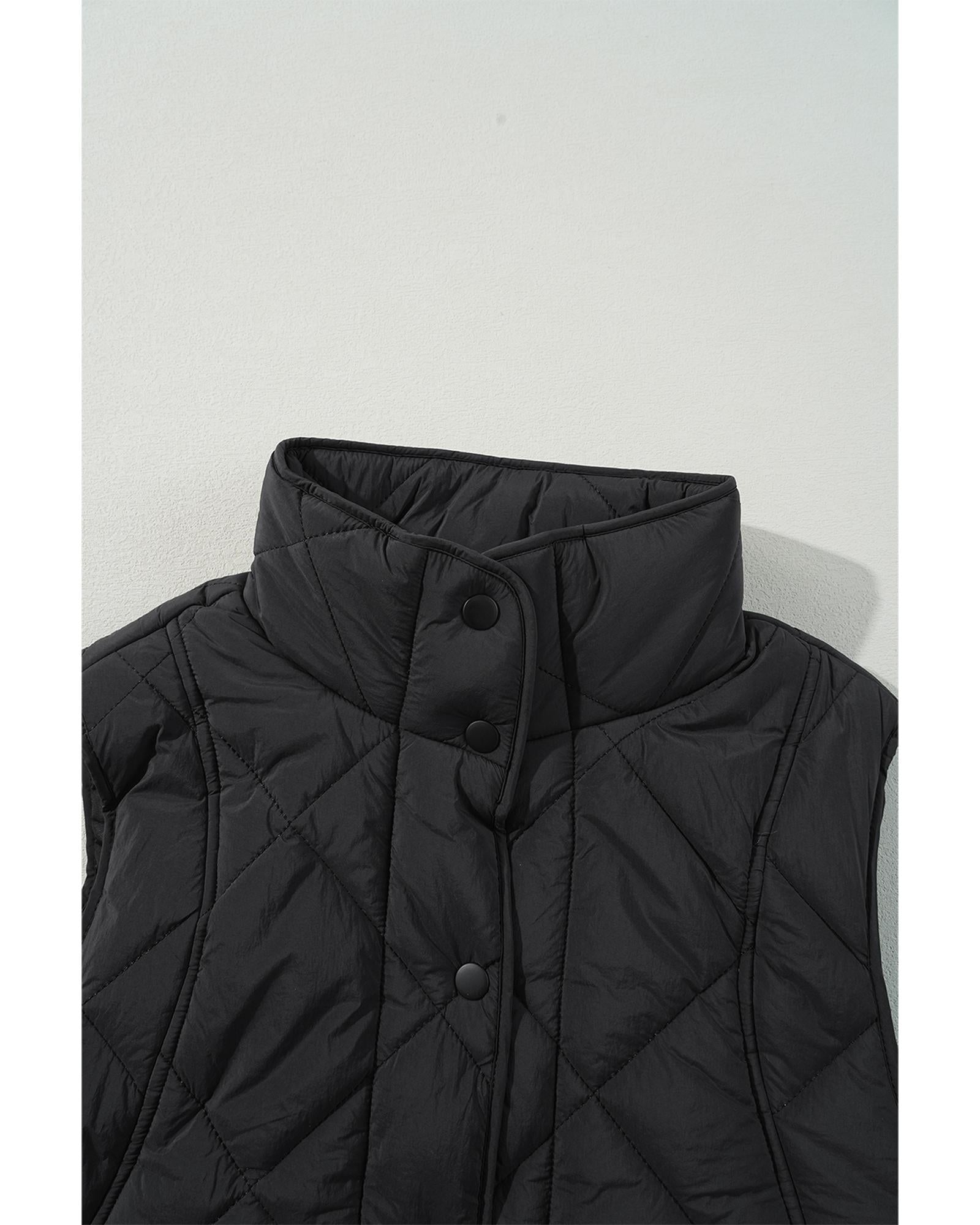 Black Quilted High Neck Button Up Pocket Vest Coat - S