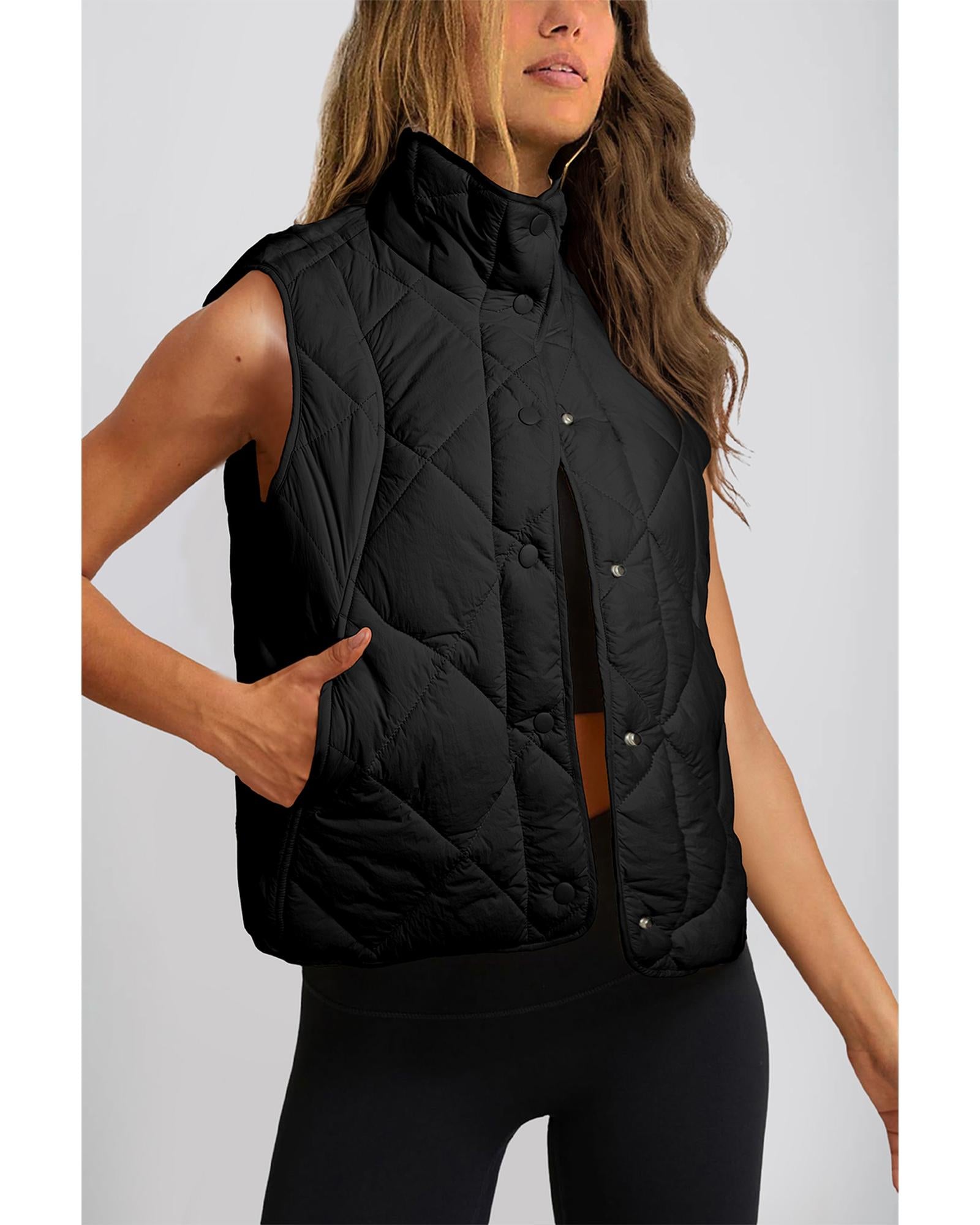 Black Quilted High Neck Button Up Pocket Vest Coat - S