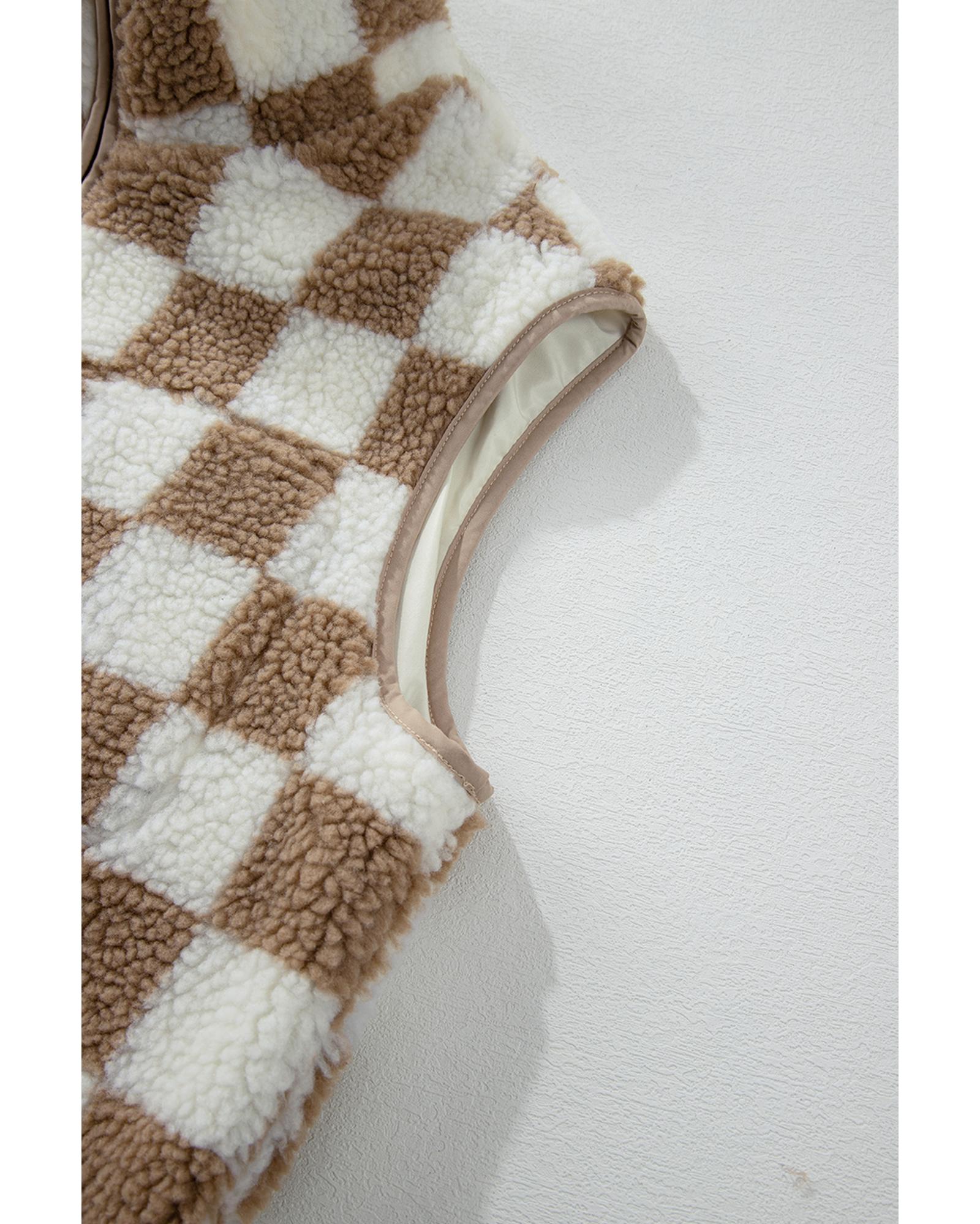 Khaki Checkered Sherpa Collared Jacket Vest - L