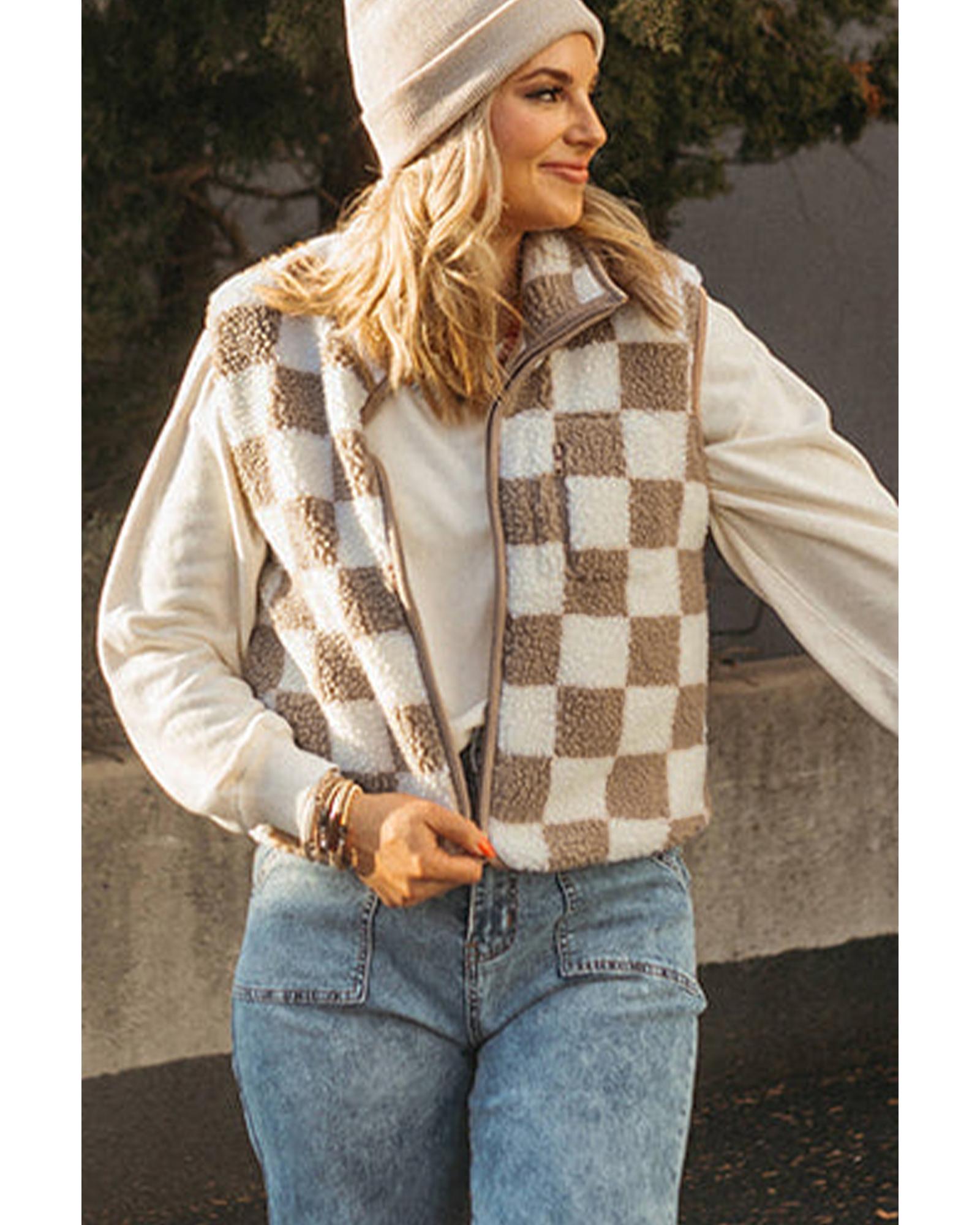 Khaki Checkered Sherpa Collared Jacket Vest - L