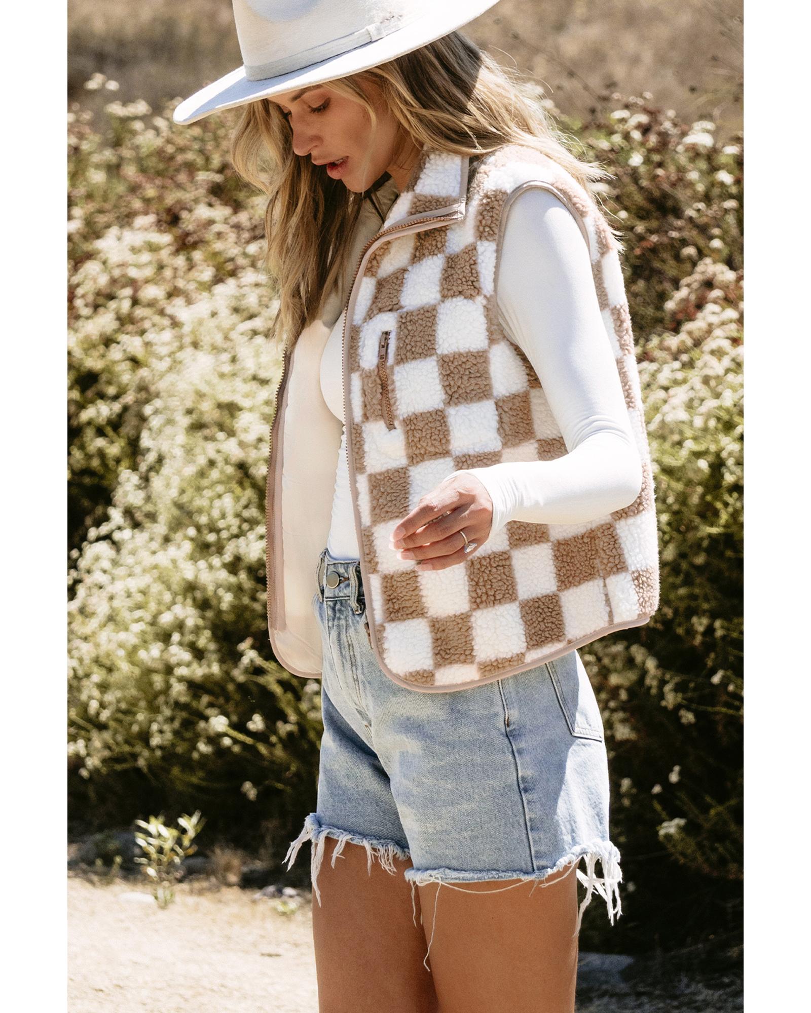 Khaki Checkered Sherpa Collared Jacket Vest - M