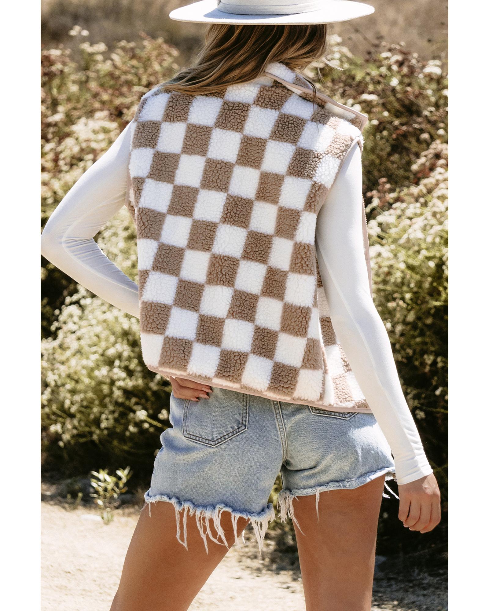 Khaki Checkered Sherpa Collared Jacket Vest - M