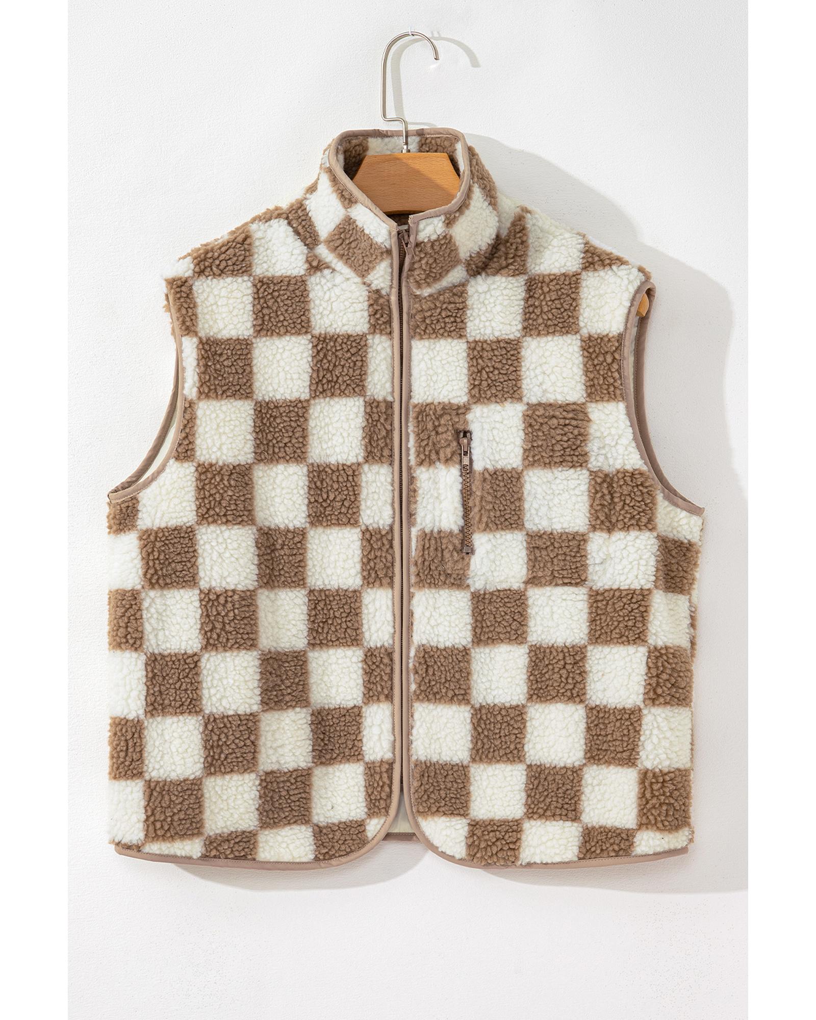 Khaki Checkered Sherpa Collared Jacket Vest - S