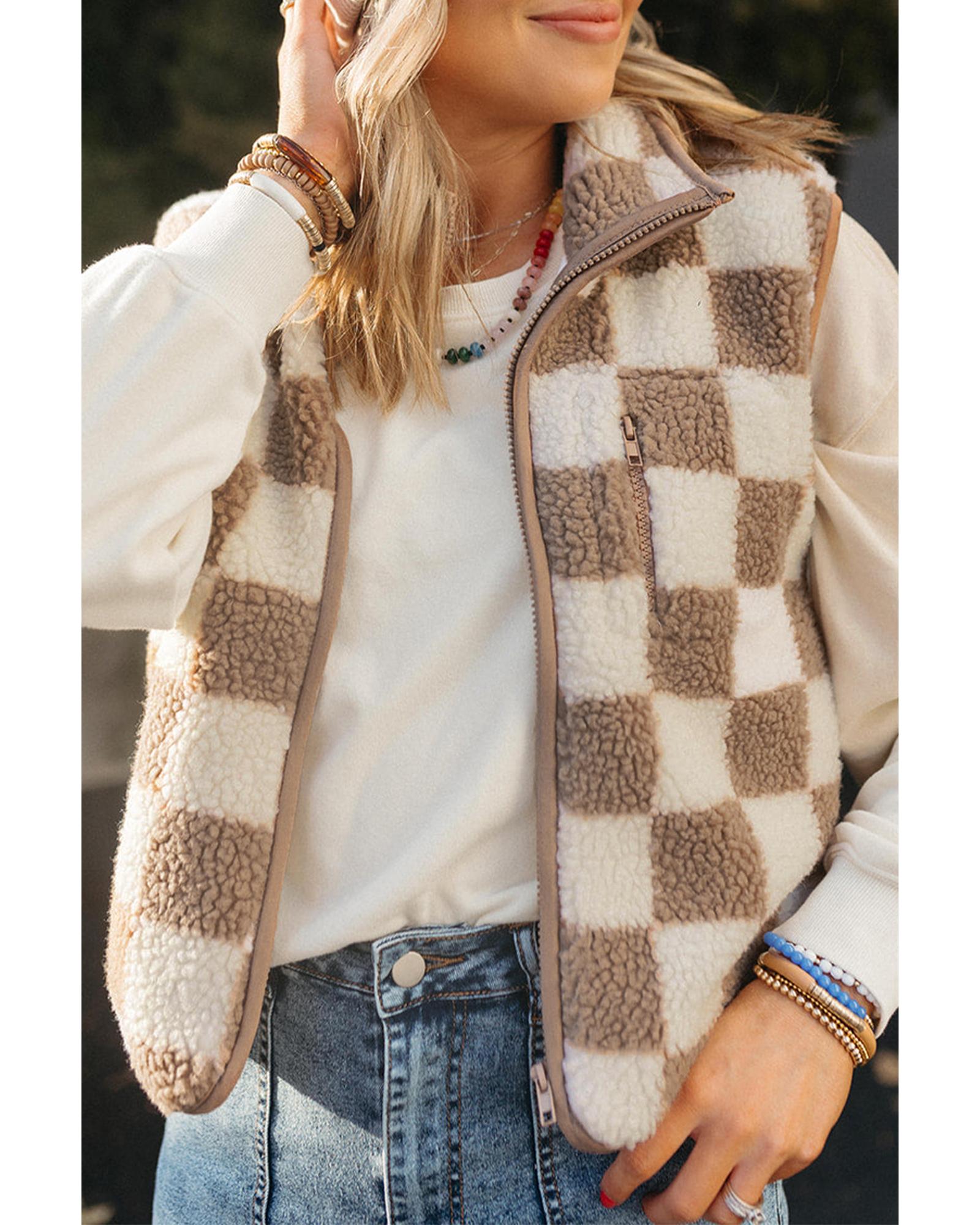 Khaki Checkered Sherpa Collared Jacket Vest - XL