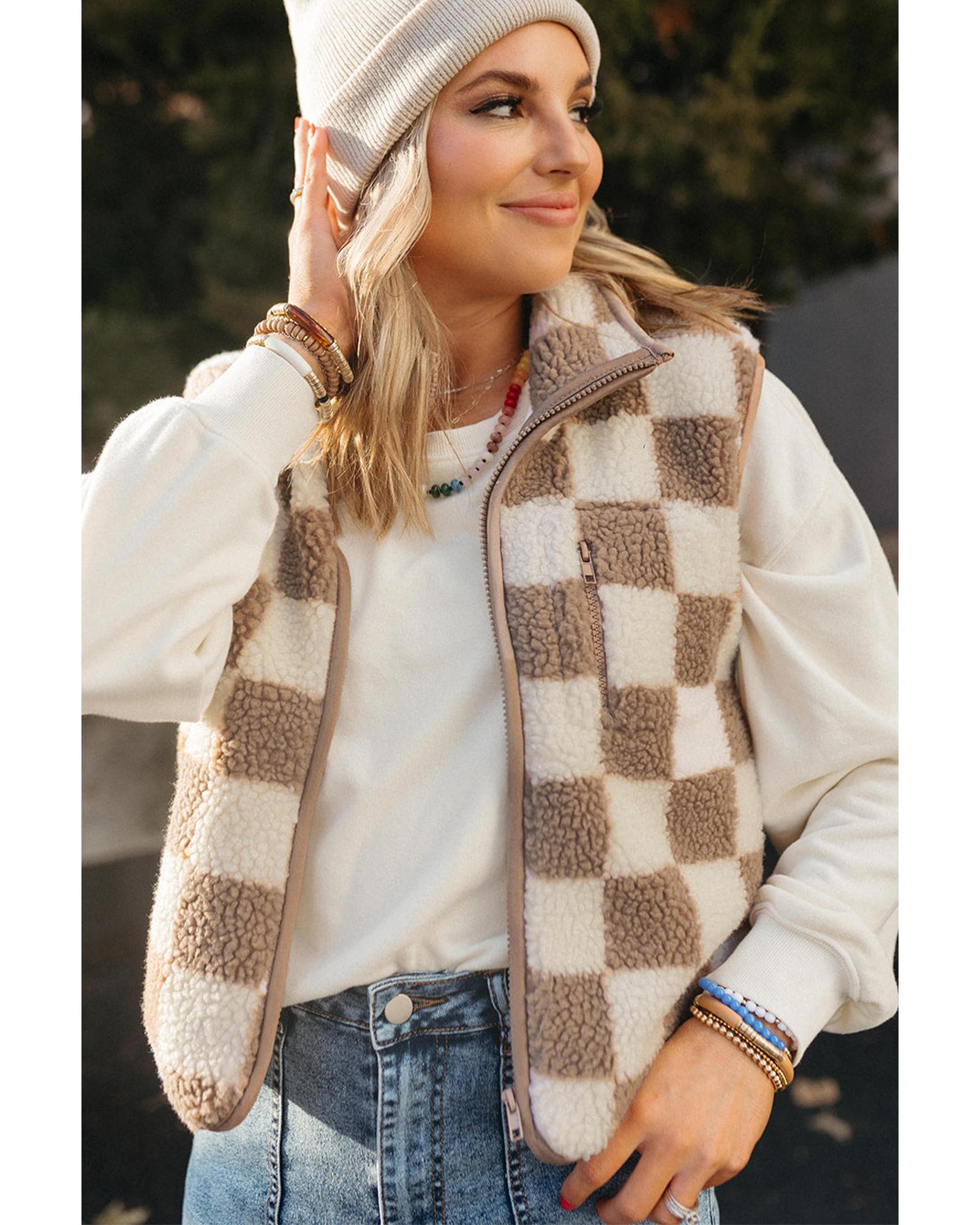 Khaki Checkered Sherpa Collared Jacket Vest - XL