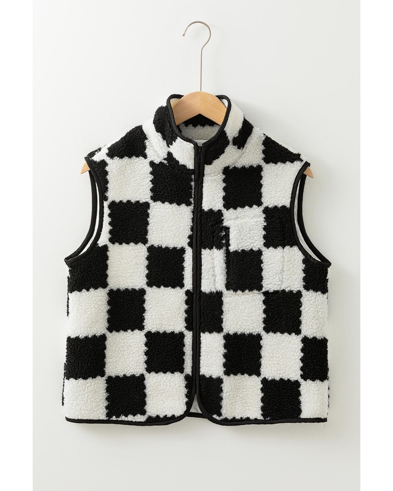 Black Checkered Sherpa Collared Jacket Vest - M