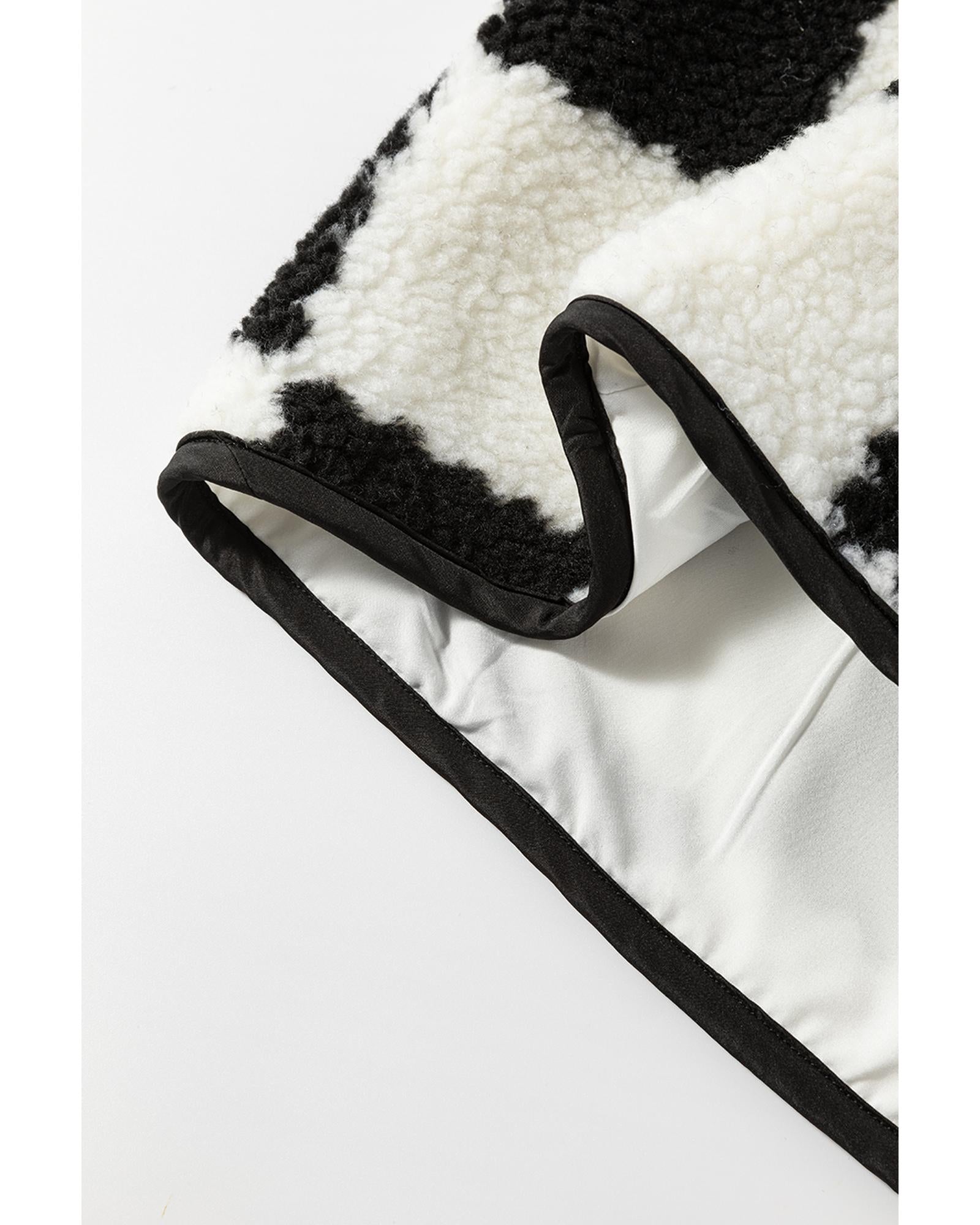 Black Checkered Sherpa Collared Jacket Vest - M