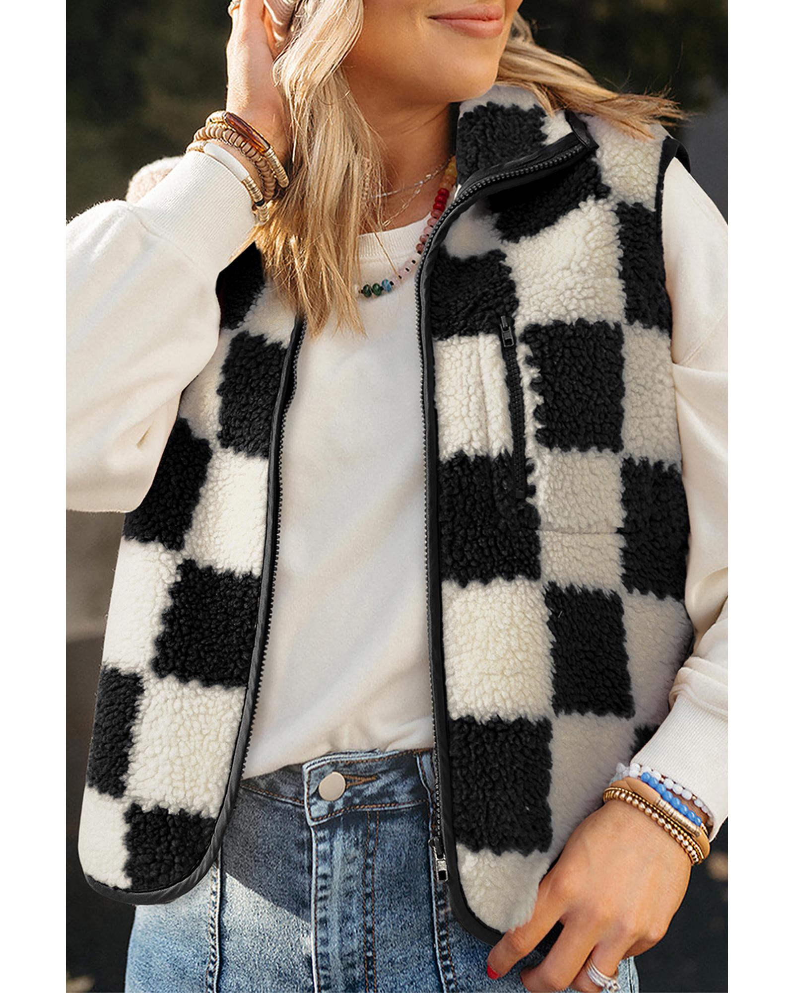 Black Checkered Sherpa Collared Jacket Vest - M