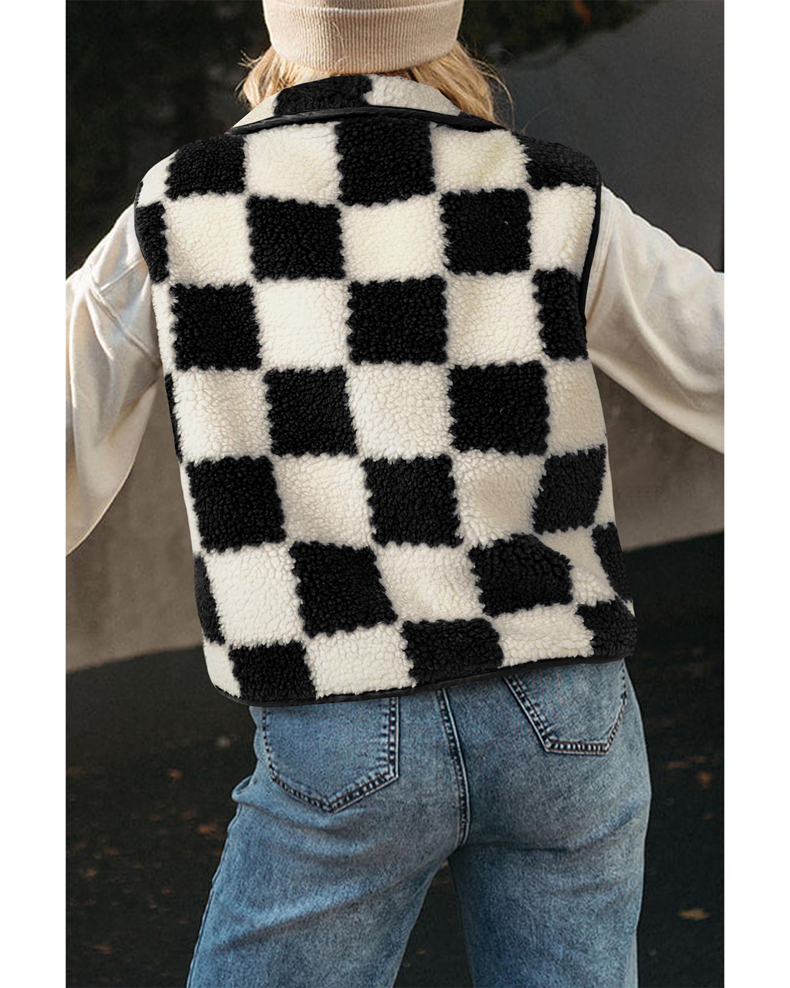 Black Checkered Sherpa Collared Jacket Vest - M