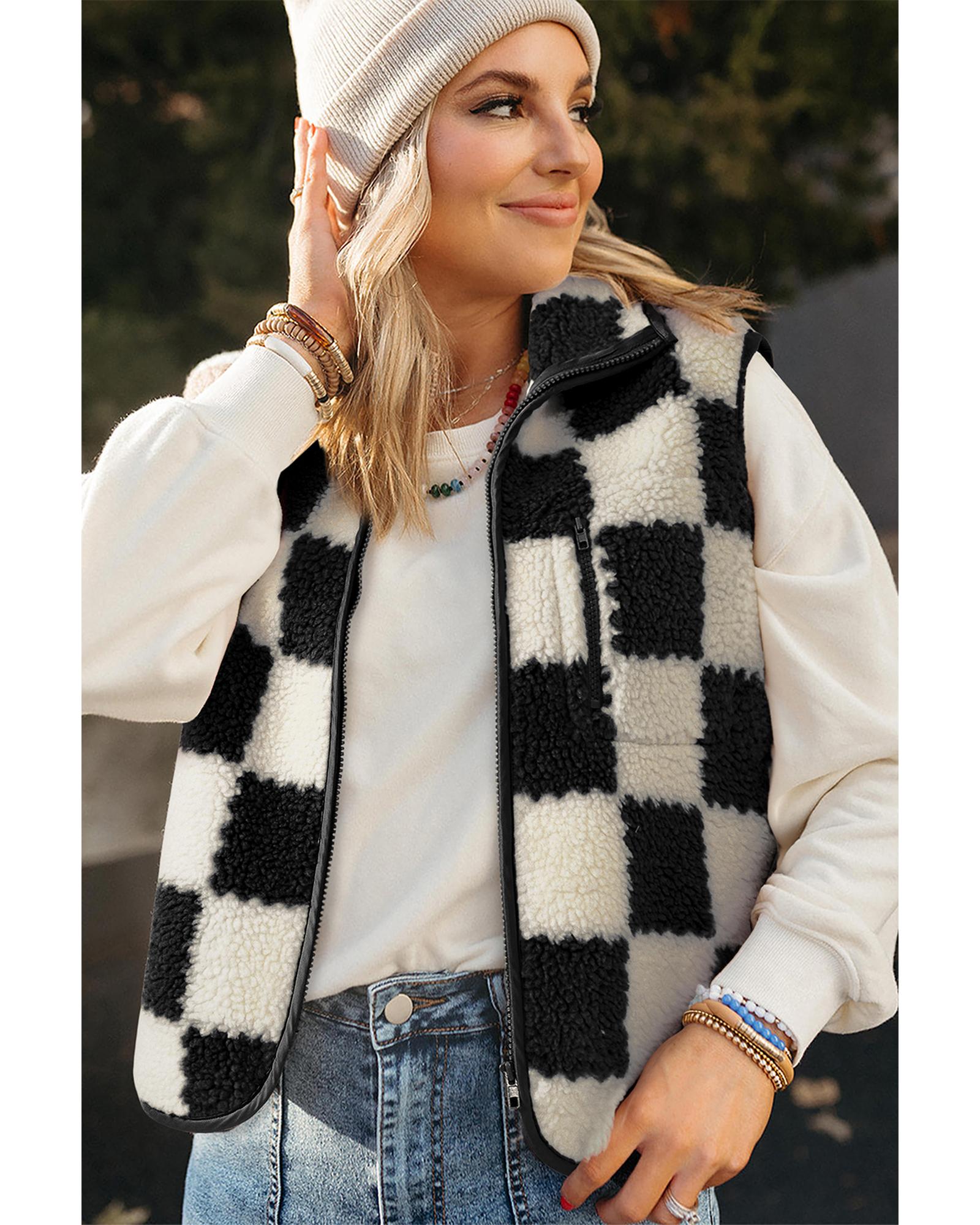 Black Checkered Sherpa Collared Jacket Vest - M
