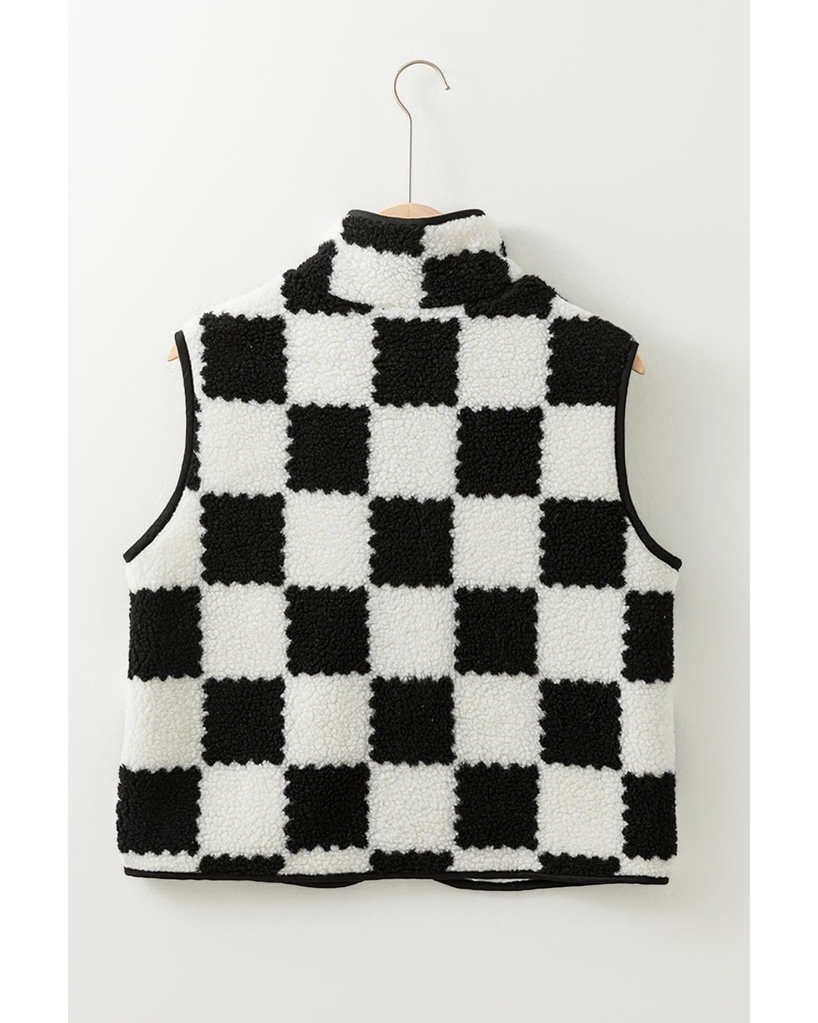 Black Checkered Sherpa Collared Jacket Vest - M