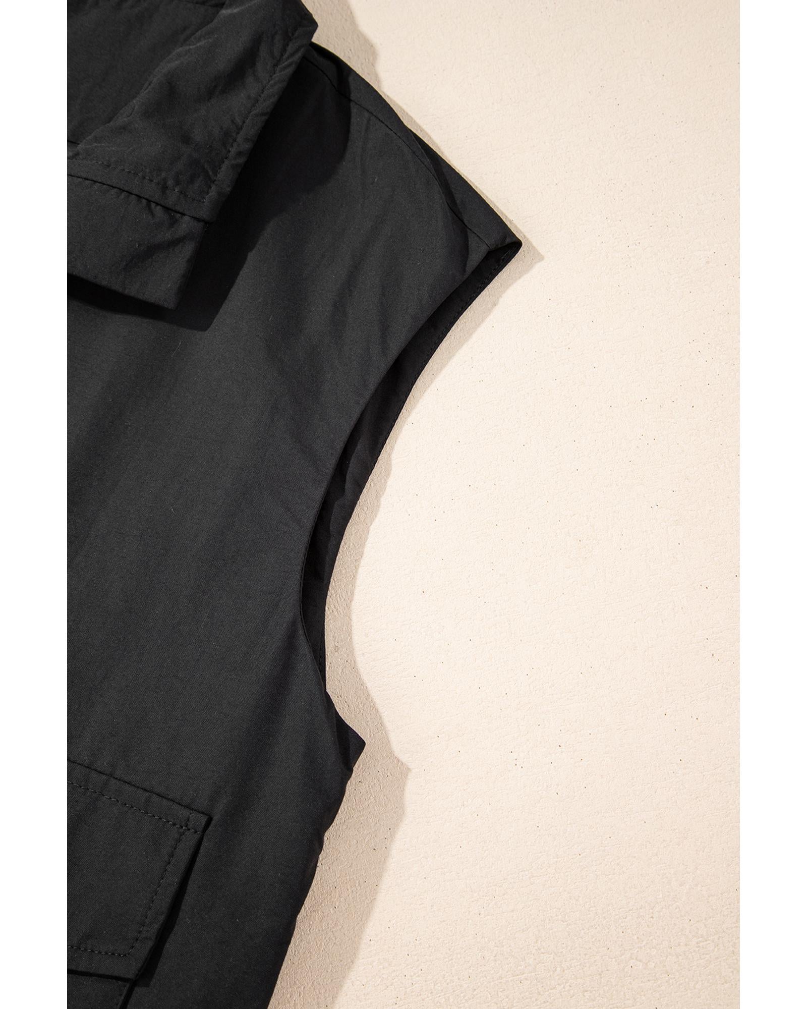 Black Flap Pockets Zip Up High Neck Vest - M