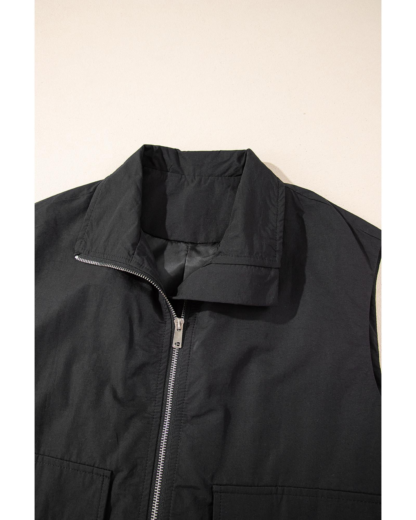 Black Flap Pockets Zip Up High Neck Vest - M