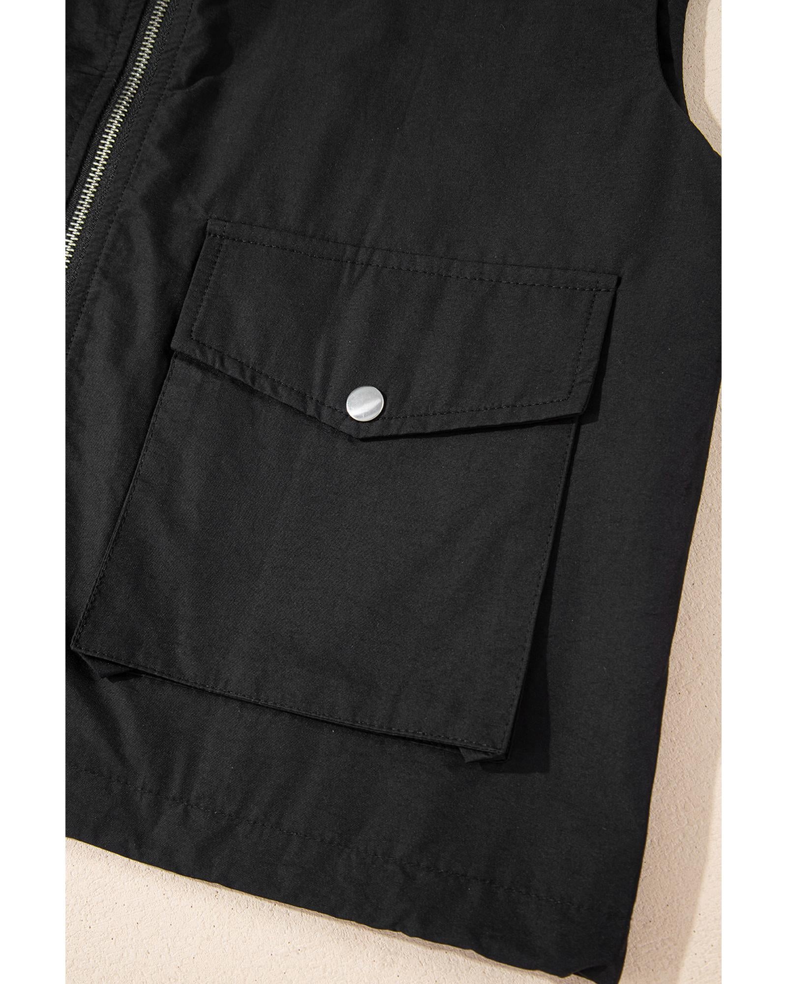 Black Flap Pockets Zip Up High Neck Vest - M