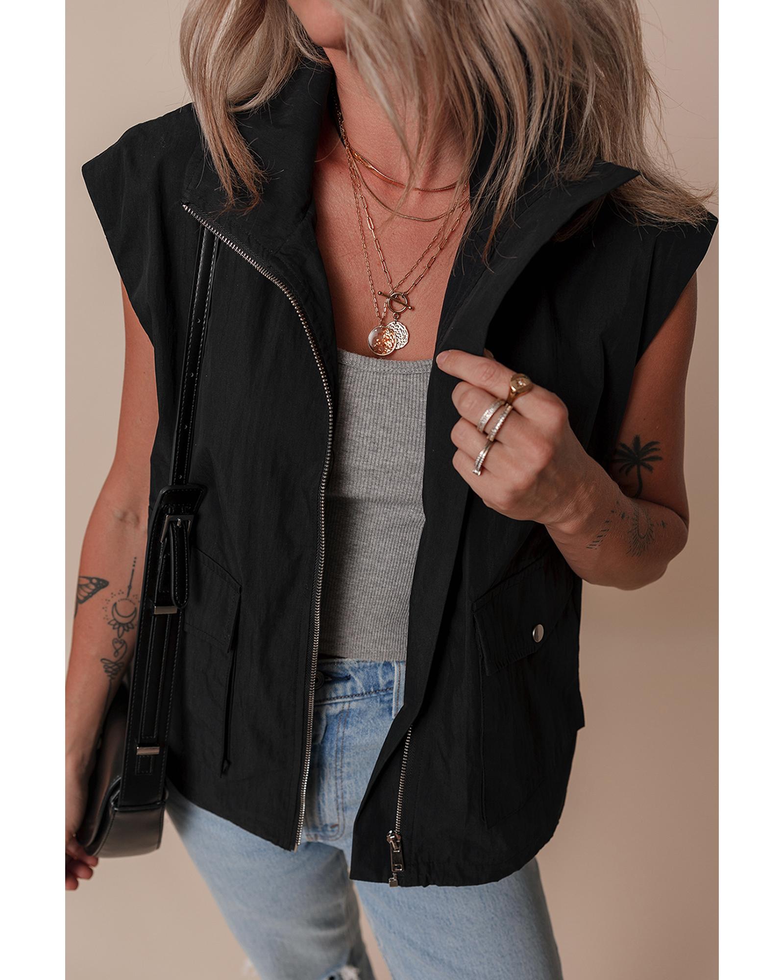 Black Flap Pockets Zip Up High Neck Vest - M