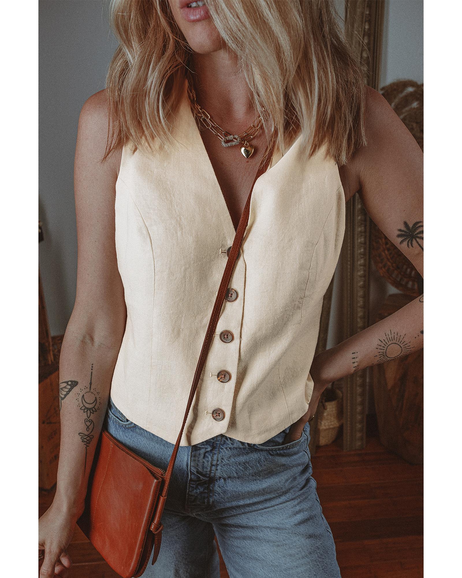 White Slim Fit Buttoned V Neck Vest - L