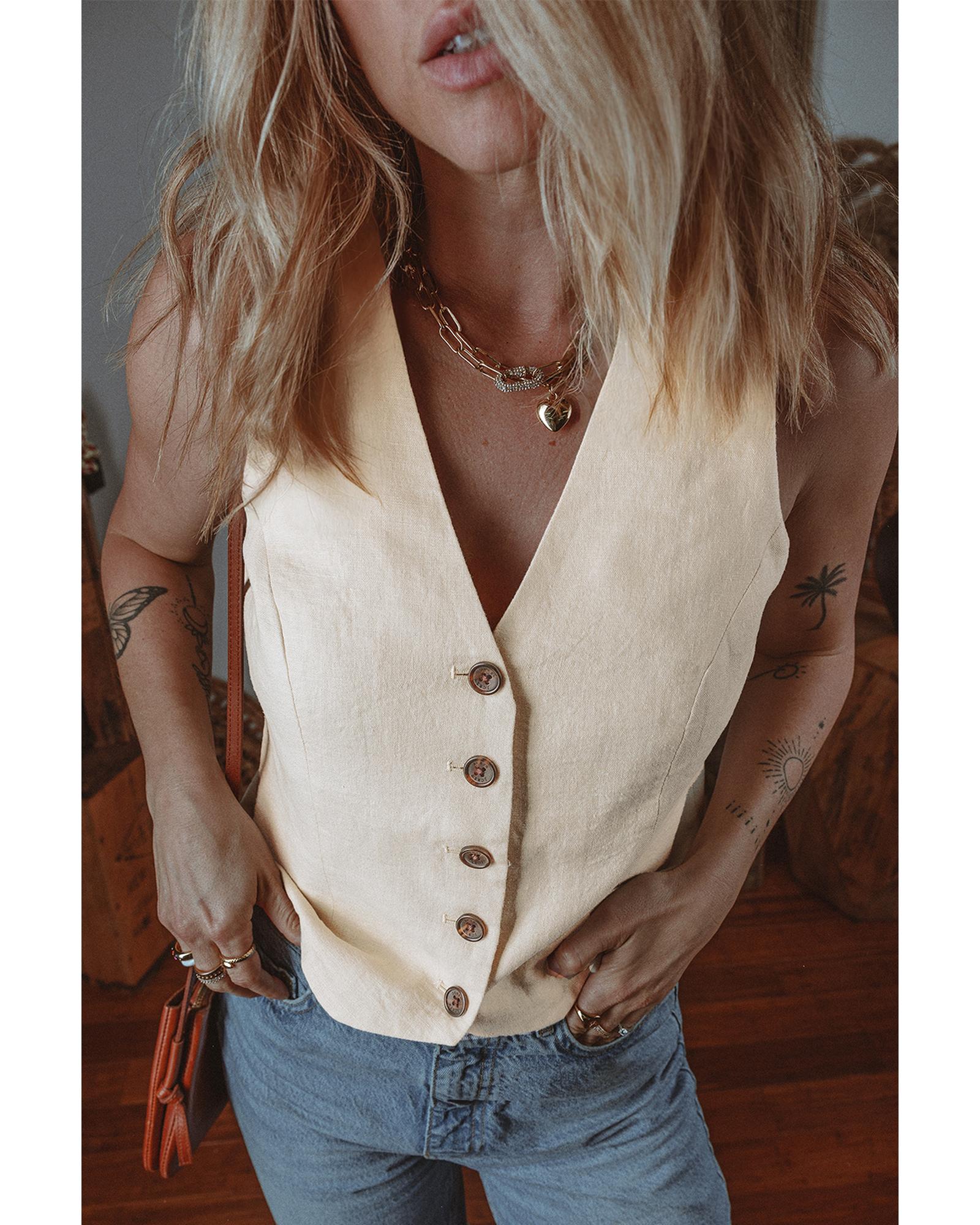 White Slim Fit Buttoned V Neck Vest - L